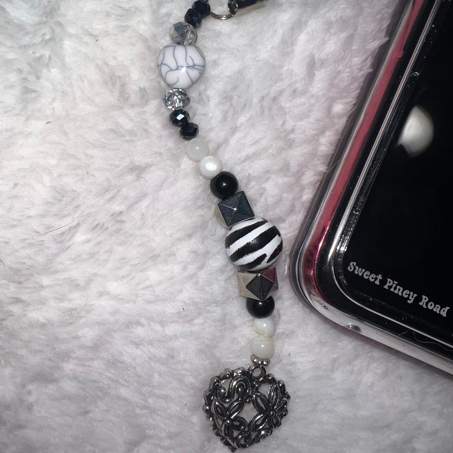 Zebra Print Beaded Phone Charm, Cellphone Accessory, Cute Girly Aesthetic, Accessories, Gift For Her Mom Friend, Personalized Heart Flower
