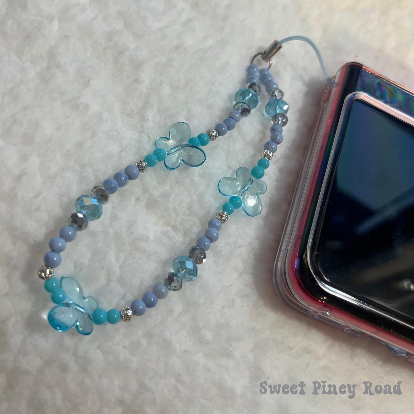 Light Blue Butterfly Beaded Phone Charm Strap, Chain Cellphone Strap Lanyard, Cute Kawaii Wristlet Accessory, Girly Accessories Gift Y2k