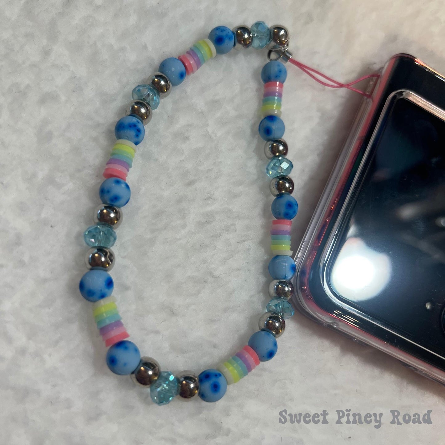 Rainbow Blue Beaded Phone Charm Strap, Chain Cellphone Strap Lanyard, Cute Kawaii Wristlet Accessory, Girly Gift For Her Y2k