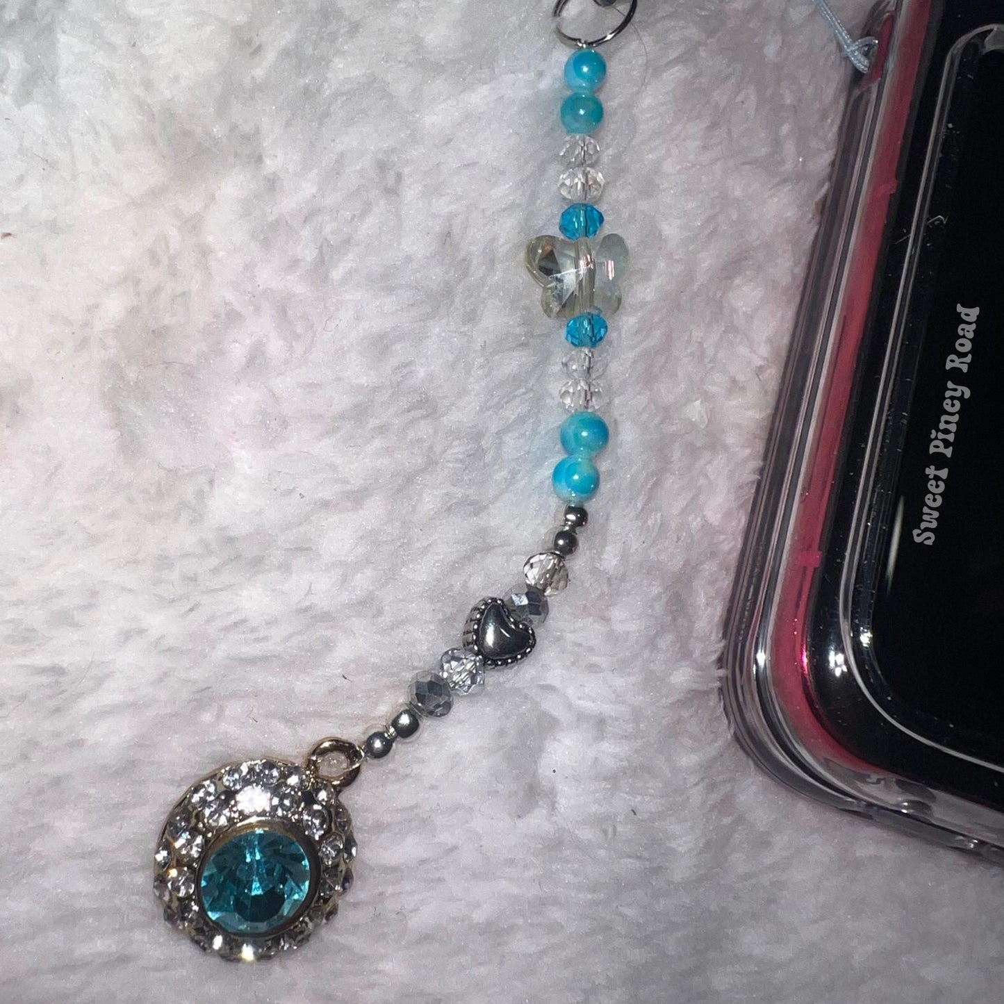 Teal Gemstone Beaded Phone Charm, Cellphone Accessory, Cute Girly Aesthetic, Accessories, Gift For Her Mom Friend, Personalized Butterfly
