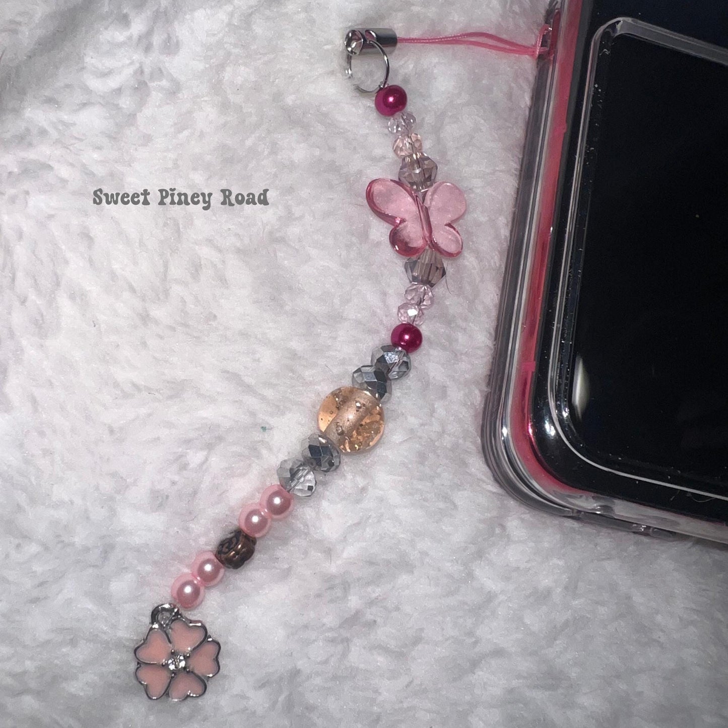 Pink Butterfly Flower Beaded Phone Charm, Cellphone Accessory, Cute Girly Aesthetic, Accessories, Gift For Her Mom Friend, Personalized