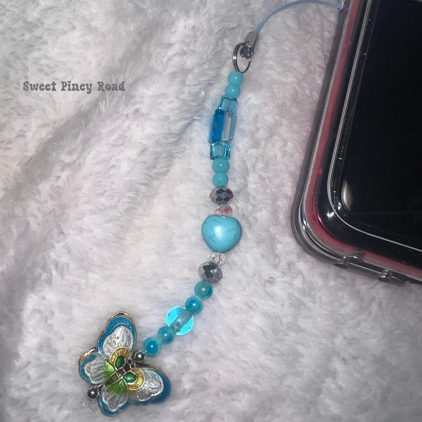 Blue Teal Butterfly Heart Beaded Phone Charm, Cellphone Accessory, Cute Girly Aesthetic, Accessories, Gift For Her Mom Friend, Personalized
