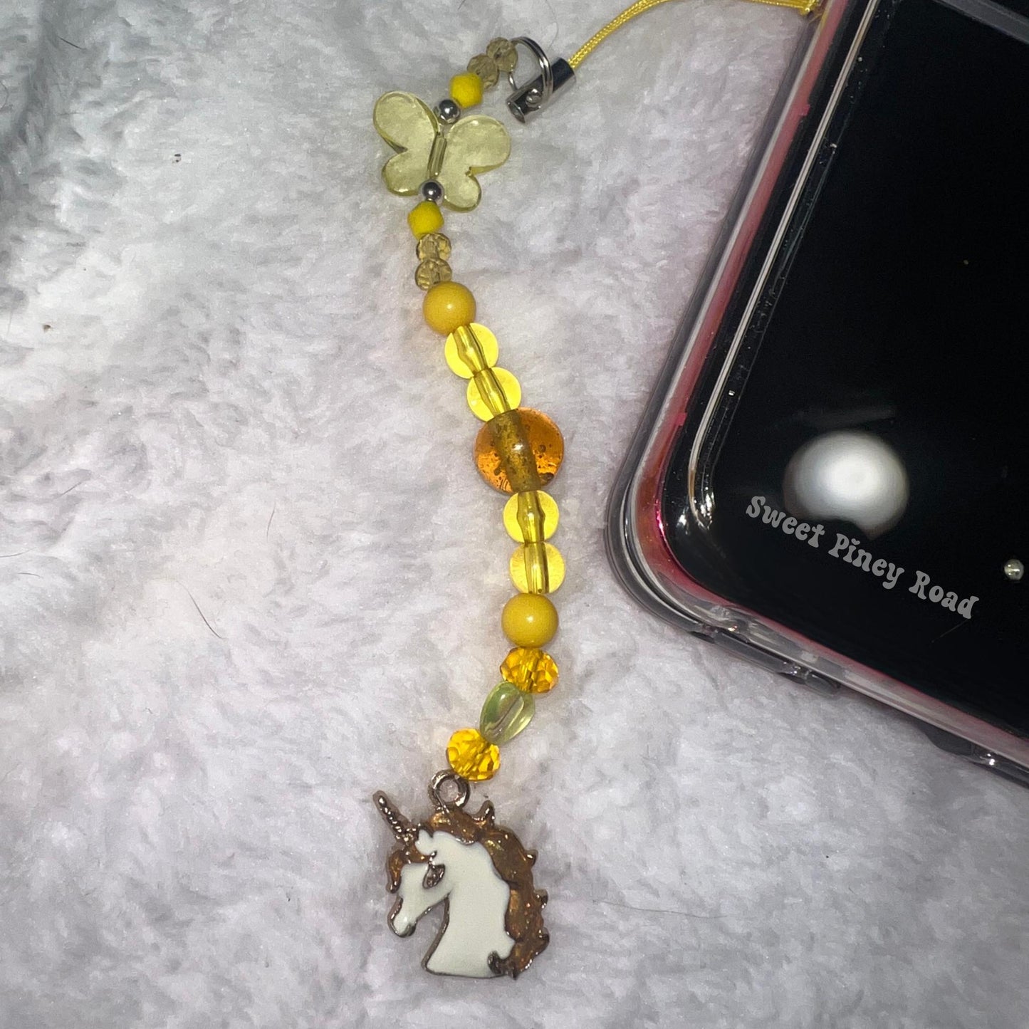 Yellow Unicorn Butterfly Beaded Phone Charm, Cellphone Accessory, Cute Girly Aesthetic, Accessories, Gift For Her Mom Friend, Heart 2000s