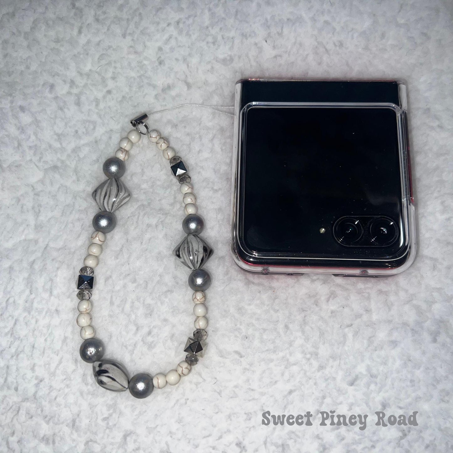 Marble Silver Beaded Phone Charm Strap, Chain Cellphone Strap Lanyard, Cute Kawaii Wristlet Accessory, Girly Accessory, Gift For Her Y2k