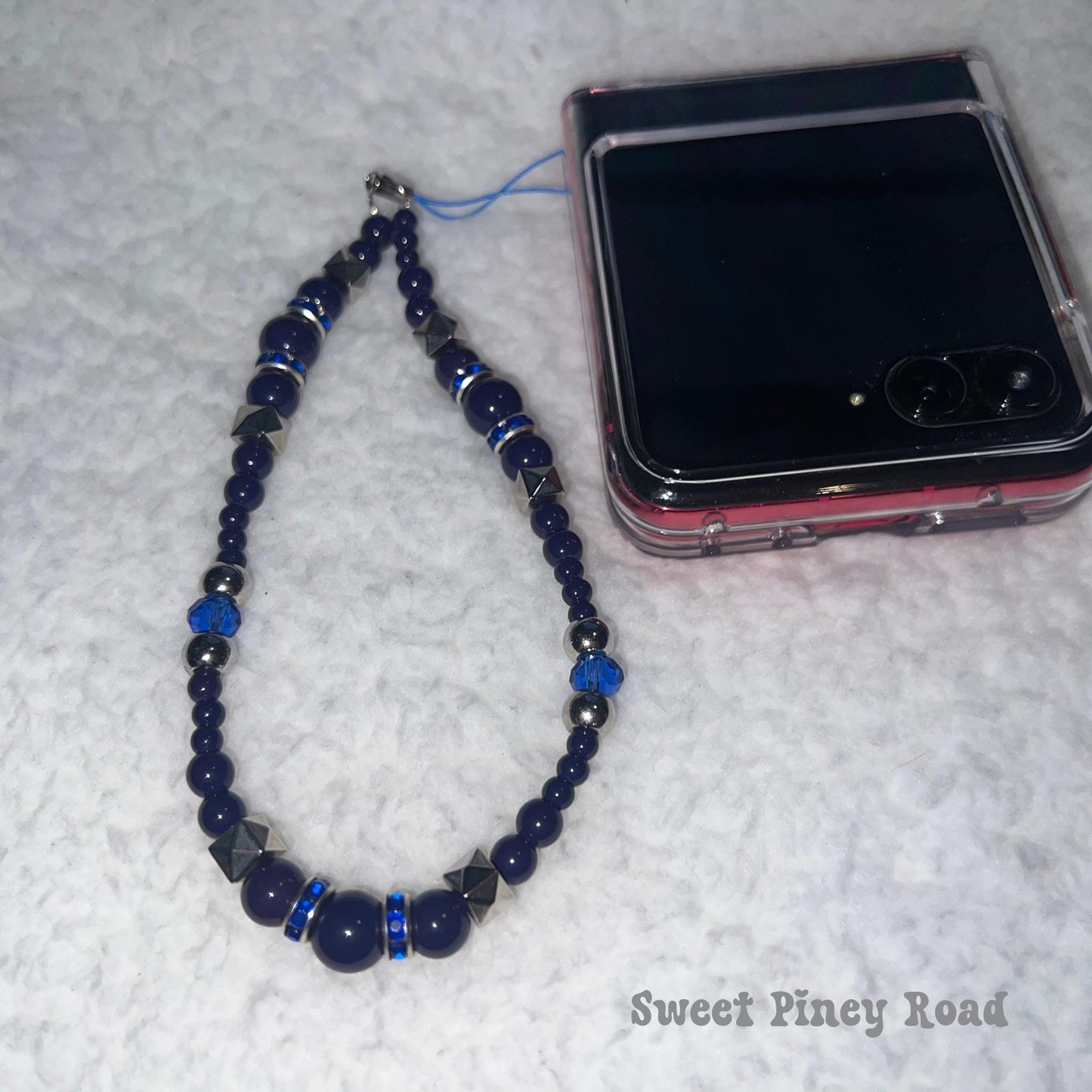 Dark Blue Beaded Phone Charm Strap, Chain Cellphone Strap Lanyard, Cute Kawaii Wristlet Accessory, Girly Accessory, Gift For Her, 2000s Y2k