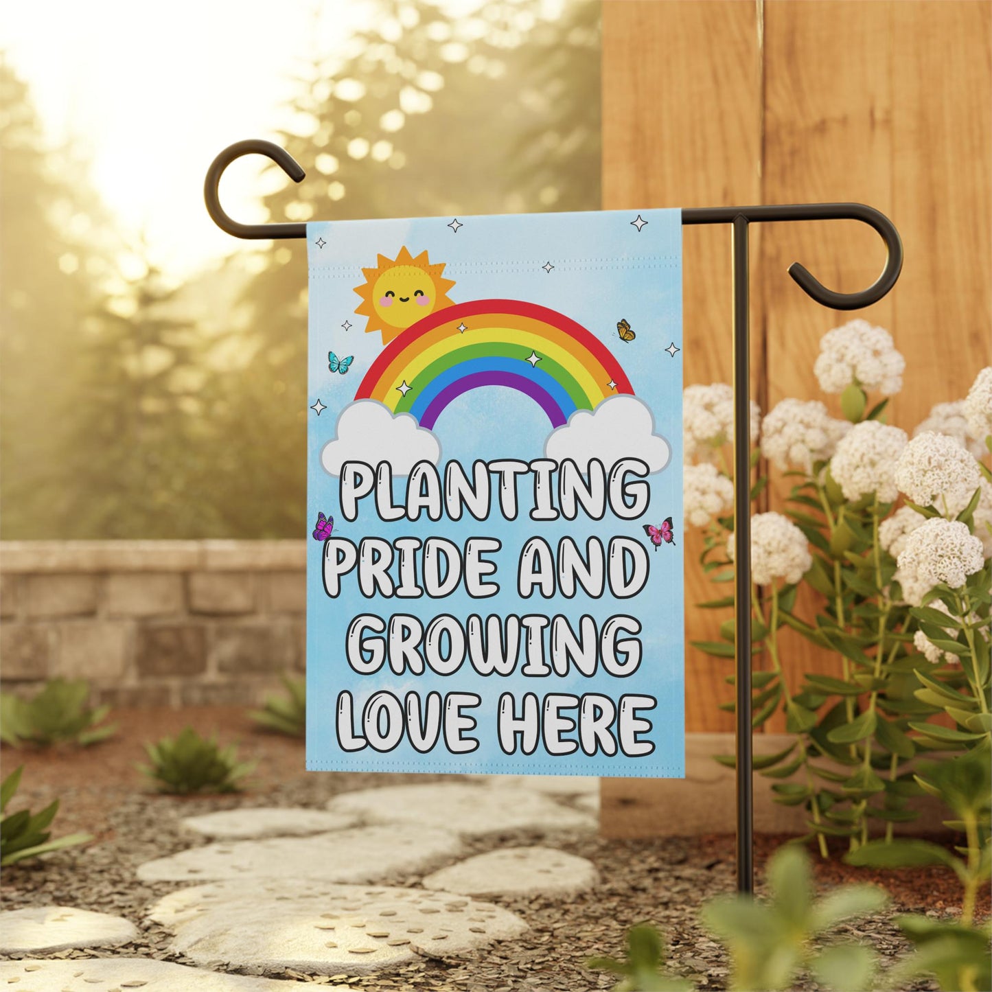 Planting Pride Growing Love Here Gay Pride Yard Flag, Rainbow LGBTQIA+ Garden Sign, Butterflies Rainbow Decor, Cute Home Gift Trans Queer