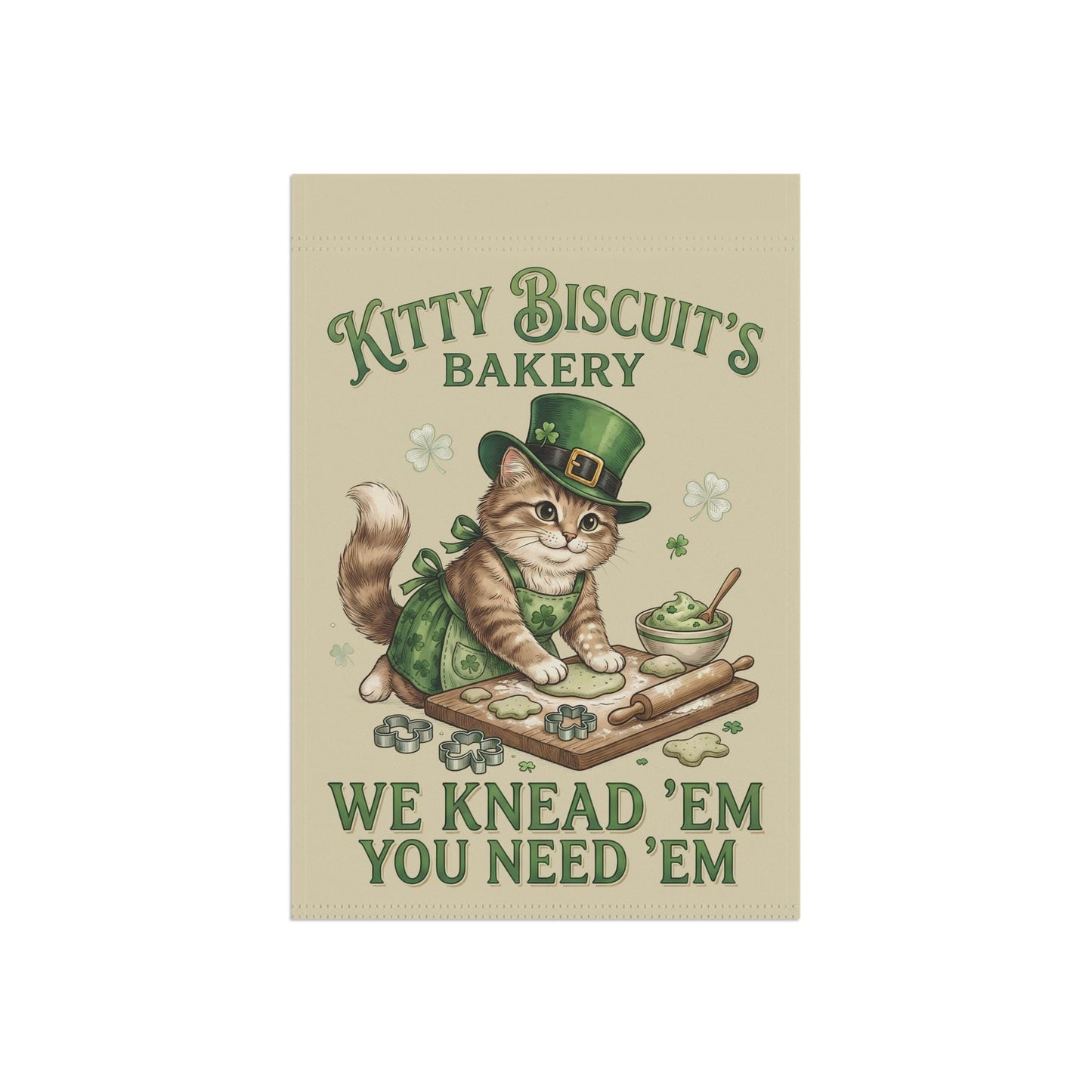 Kitty Biscuits Bakery Outdoor Garden Flag, St. Patrick's Day Cat Yard Banner, Saint Patty's Kitty Lover Holiday Gift Decor