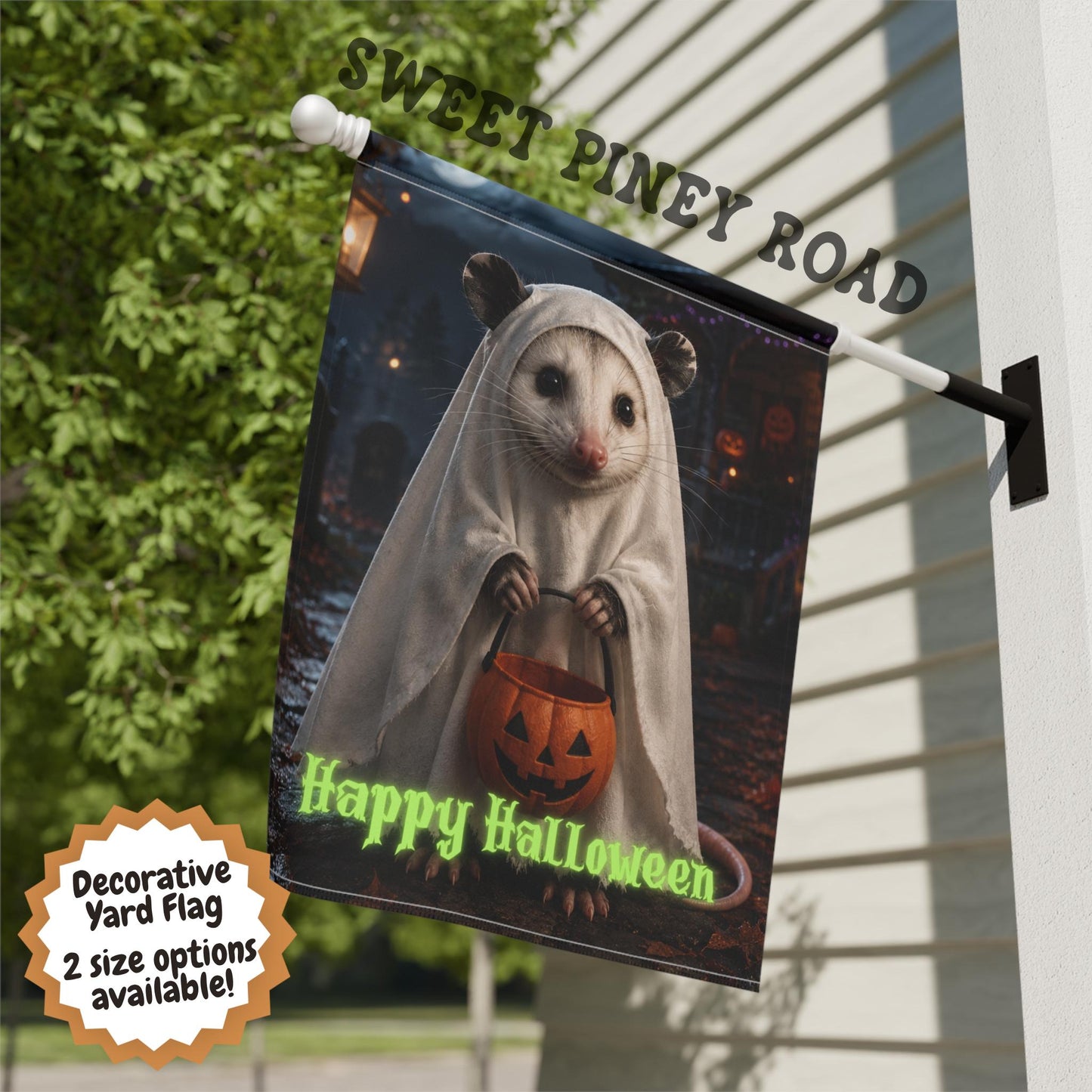 Halloween Possum Yard Flag, Cute Ghost Possum Garden Flag, Spooky Fall Porch Decor, Autumn Outdoor Halloween Decoration