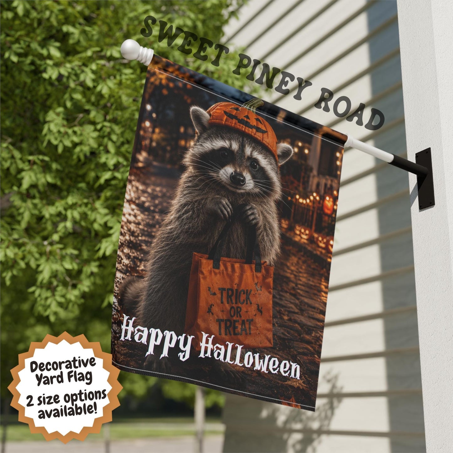 Halloween Raccoon Yard Flag, Cute Trick or Treat Raccoon Garden Flag, Spooky Fall Porch Decor, Autumn Outdoor Decoration