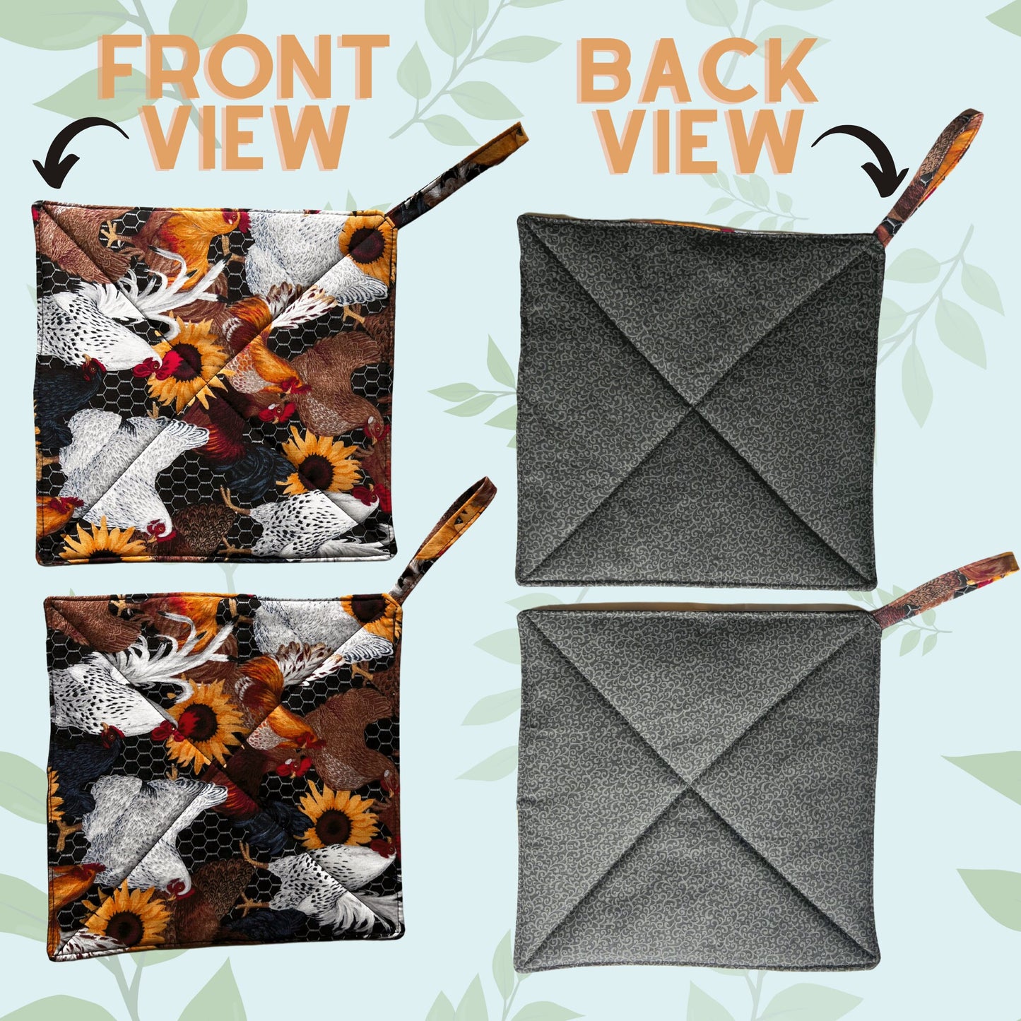 2 Pot Holders/1 Pair 2 Pcs - Handmade & Double Insulation w/ Loop, Approx. 9 inches