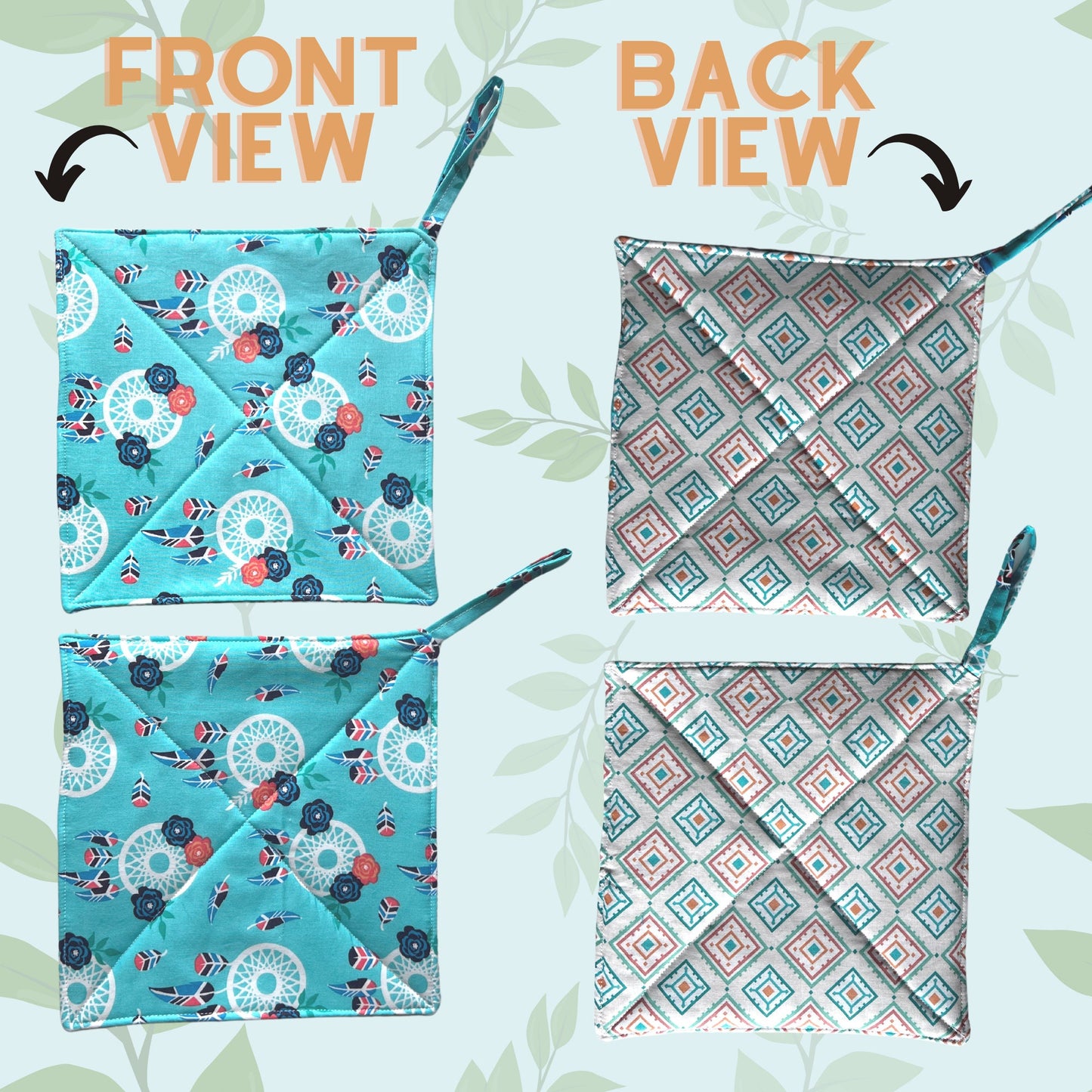2 Pot Holders/1 Pair 2 Pcs - Handmade & Double Insulation w/ Loop, Approx. 9 inches