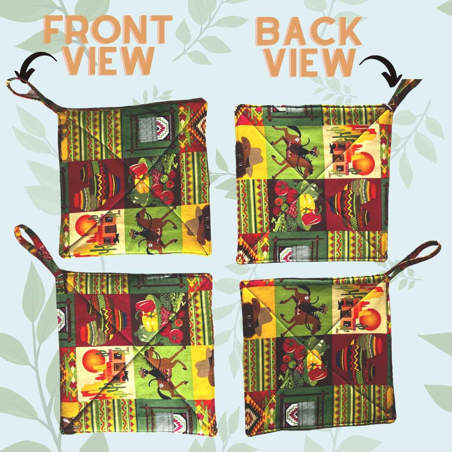 2 Pot Holders/1 Pair 2 Pcs - Handmade & Double Insulation w/ Loop, Approx. 9 inches