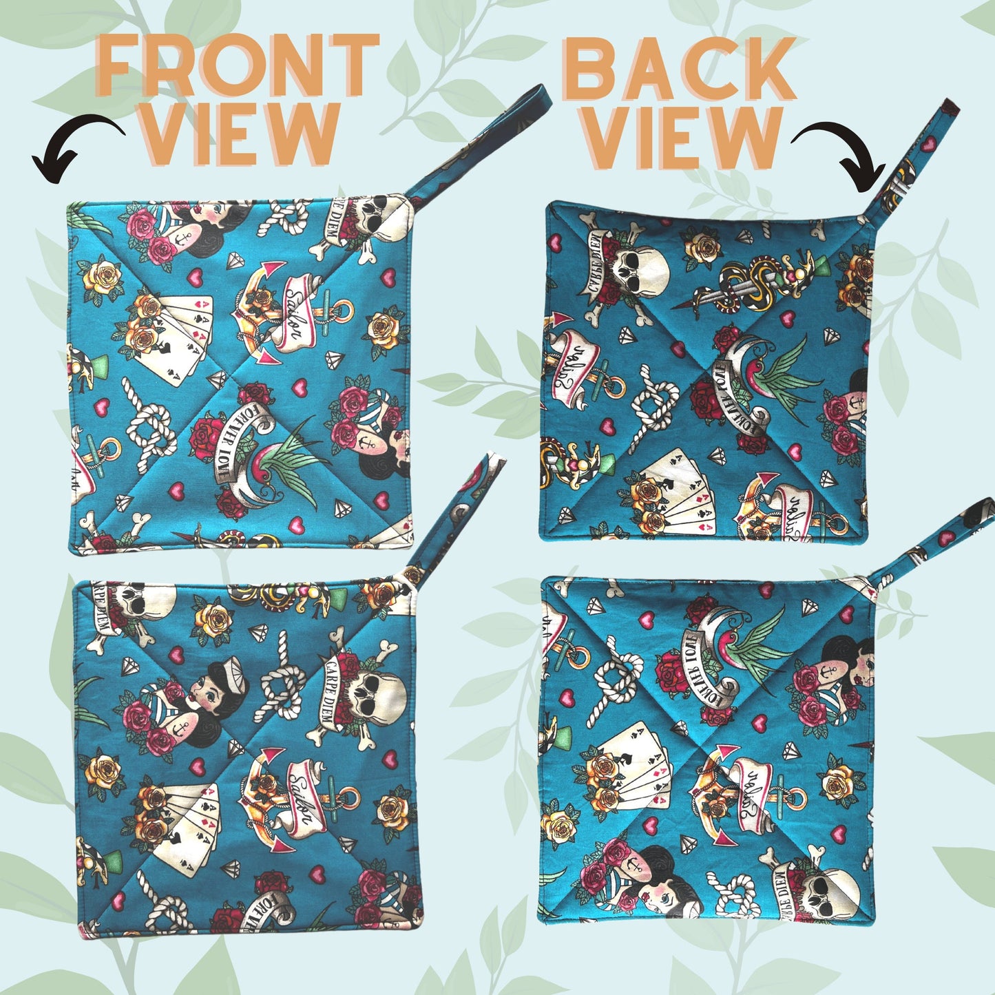 2 Pot Holders/1 Pair 2 Pcs - Handmade & Double Insulation w/ Loop, Approx. 9 inches