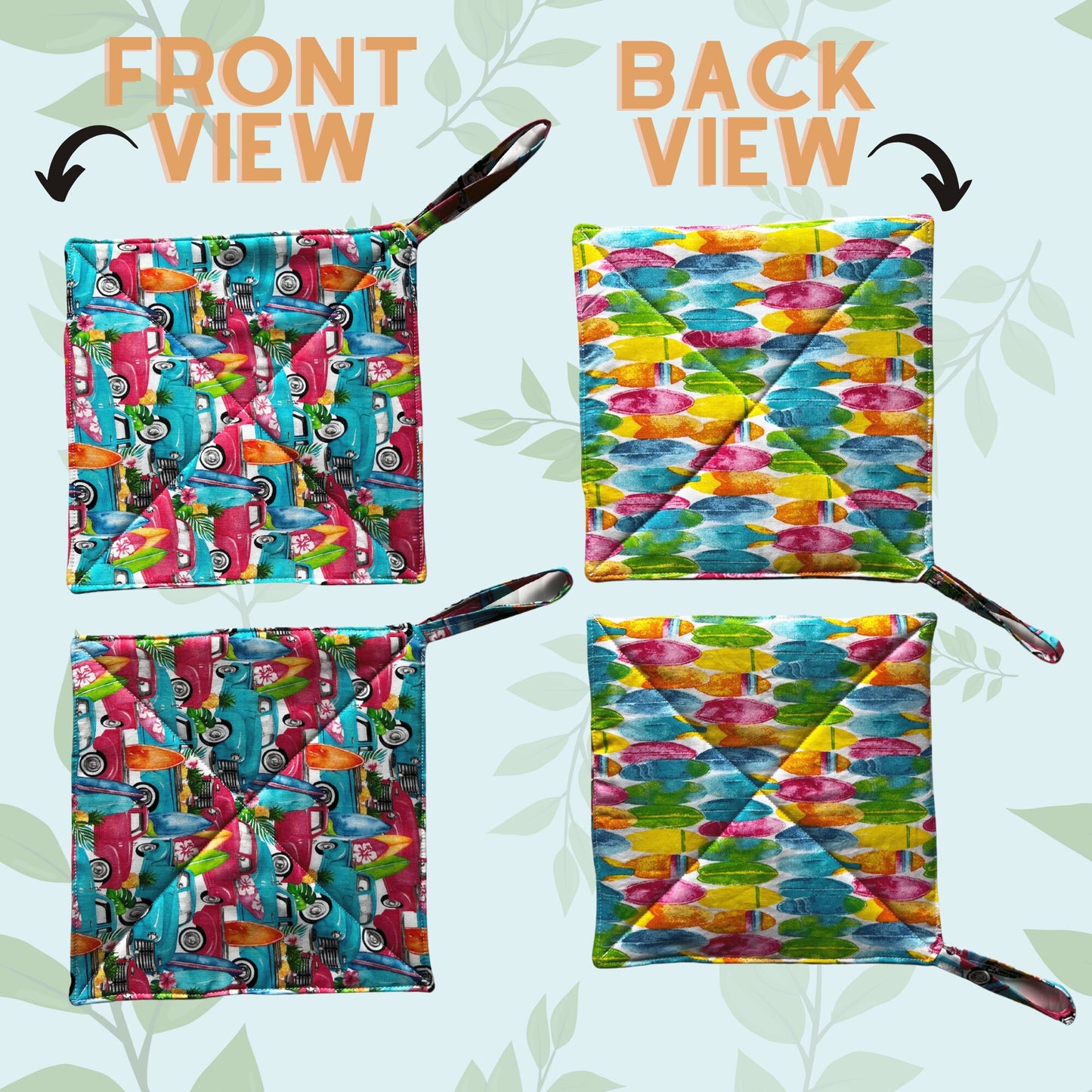 2 Pot Holders/1 Pair 2 Pcs - Handmade & Double Insulation w/ Loop, Approx. 9 inches