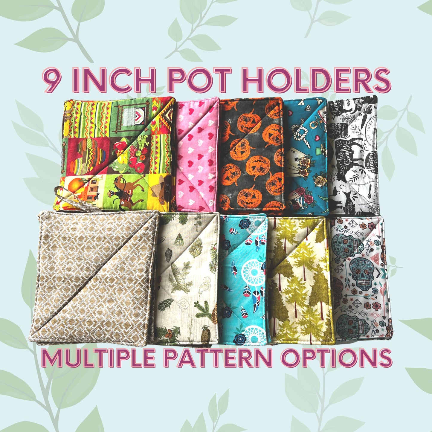 2 Pot Holders/1 Pair 2 Pcs - Handmade & Double Insulation w/ Loop, Approx. 9 inches
