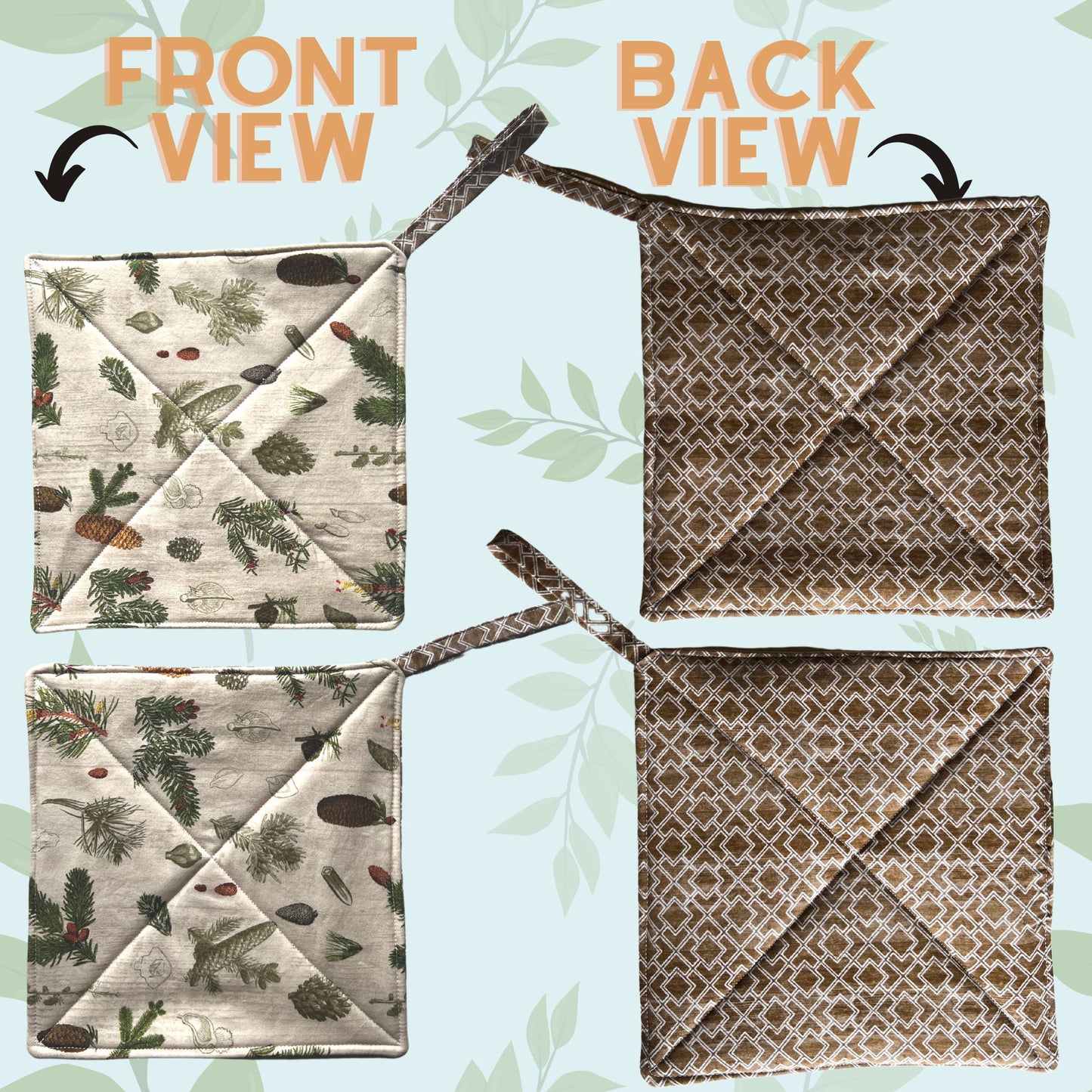 2 Pot Holders/1 Pair 2 Pcs - Handmade & Double Insulation w/ Loop, Approx. 9 inches