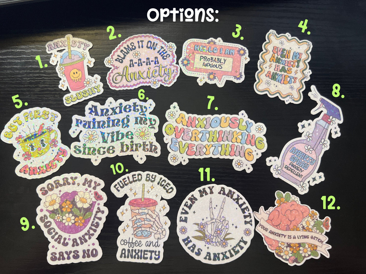 Pick Your Own Sticker | Anxiety Sticker Pack | Water Bottle Tumbler Laptop Window Water Resistant Die Cut Decal | Rainbow Sparkle Laminate