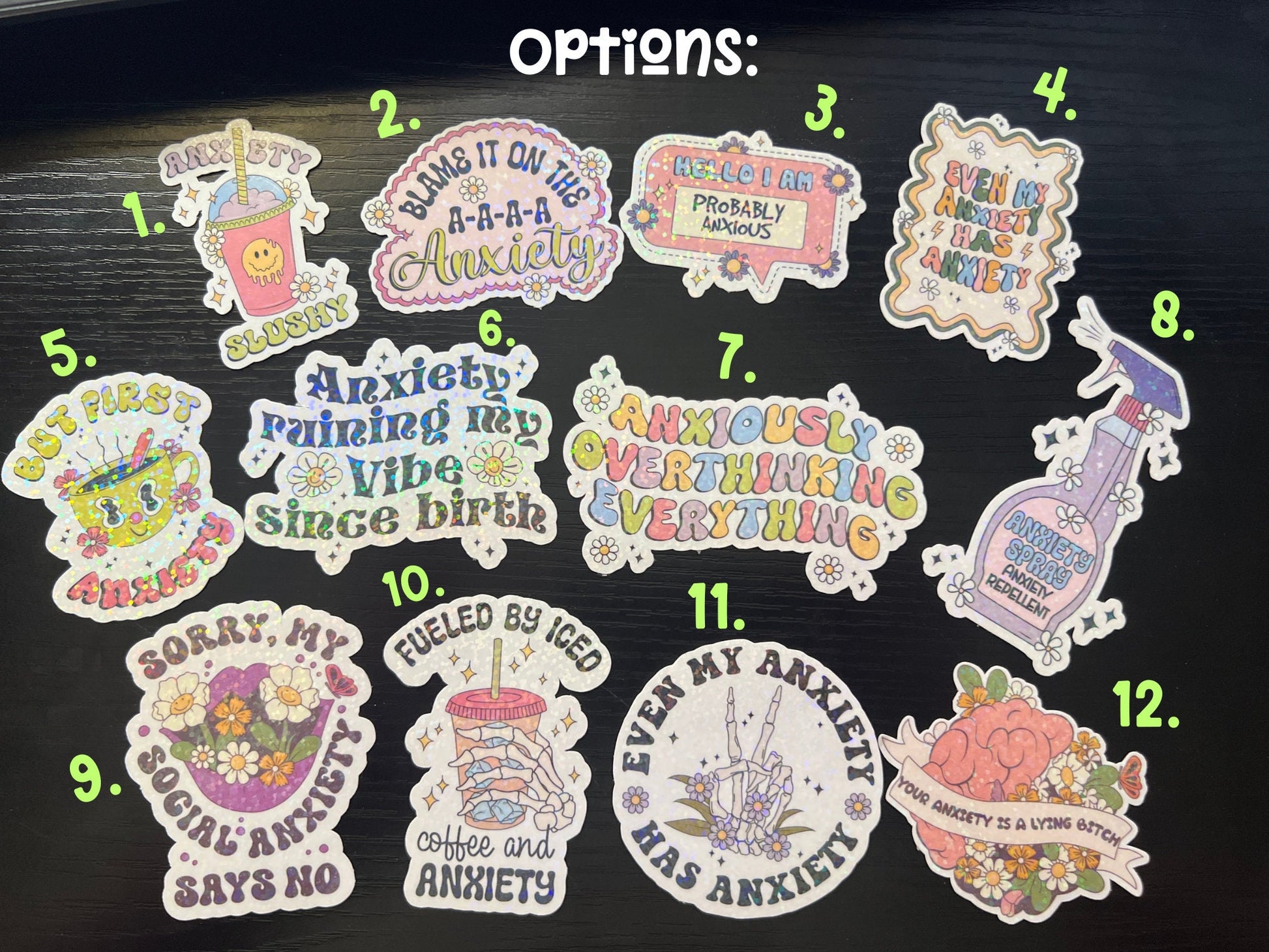 Pick Your Own Sticker | Anxiety Sticker Pack | Water Bottle Tumbler Laptop Window Water Resistant Die Cut Decal | Rainbow Sparkle Laminate