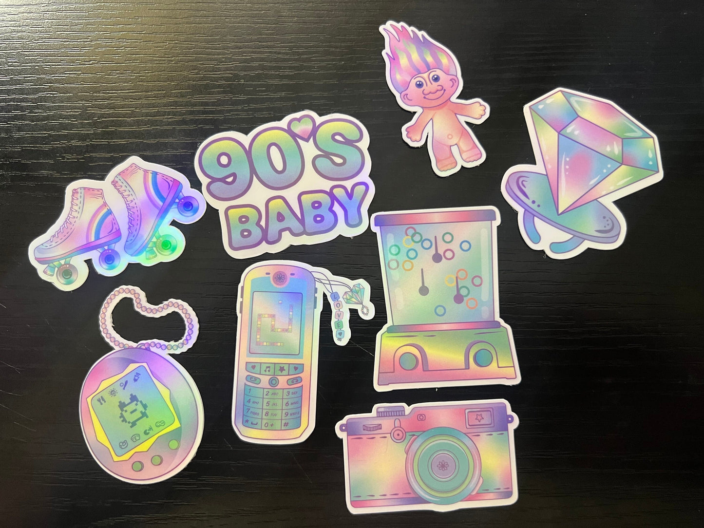 Pastel 90s Theme Girly Nostalgic Stickers | Water Bottle Tumbler Laptop Window Water Resistant Die Cut Decal | Clear Glossy, Holographic