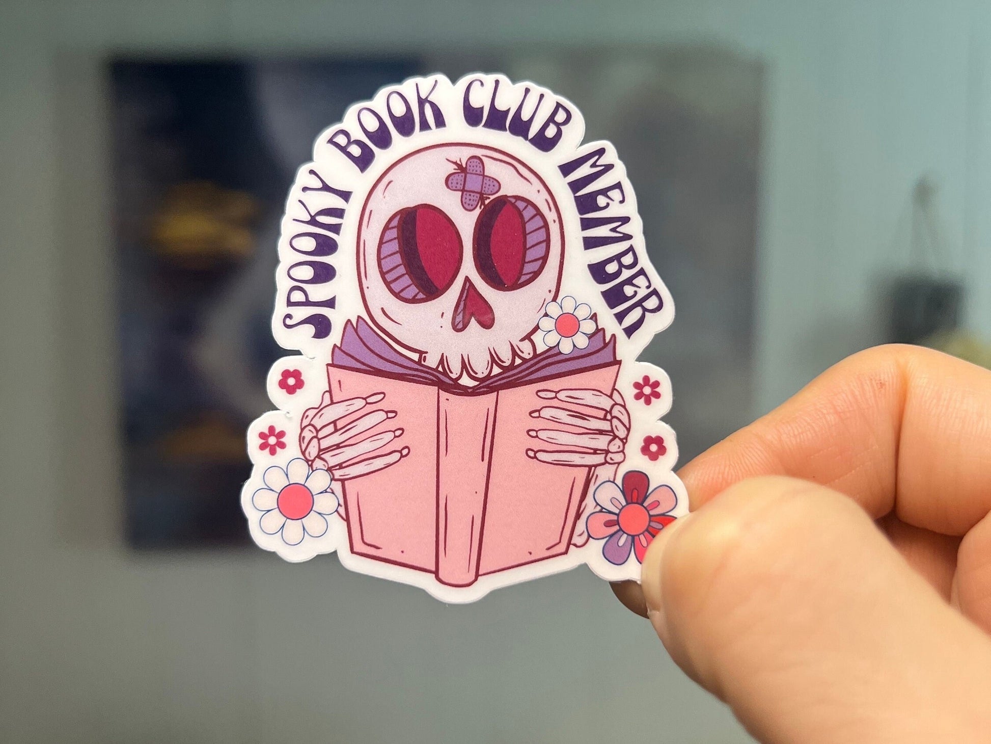 Spooky Book Club Member Skeleton Sticker Water Bottle Tumbler Laptop Window Water Resistant Die Cut Decal Clear Glossy Laminate