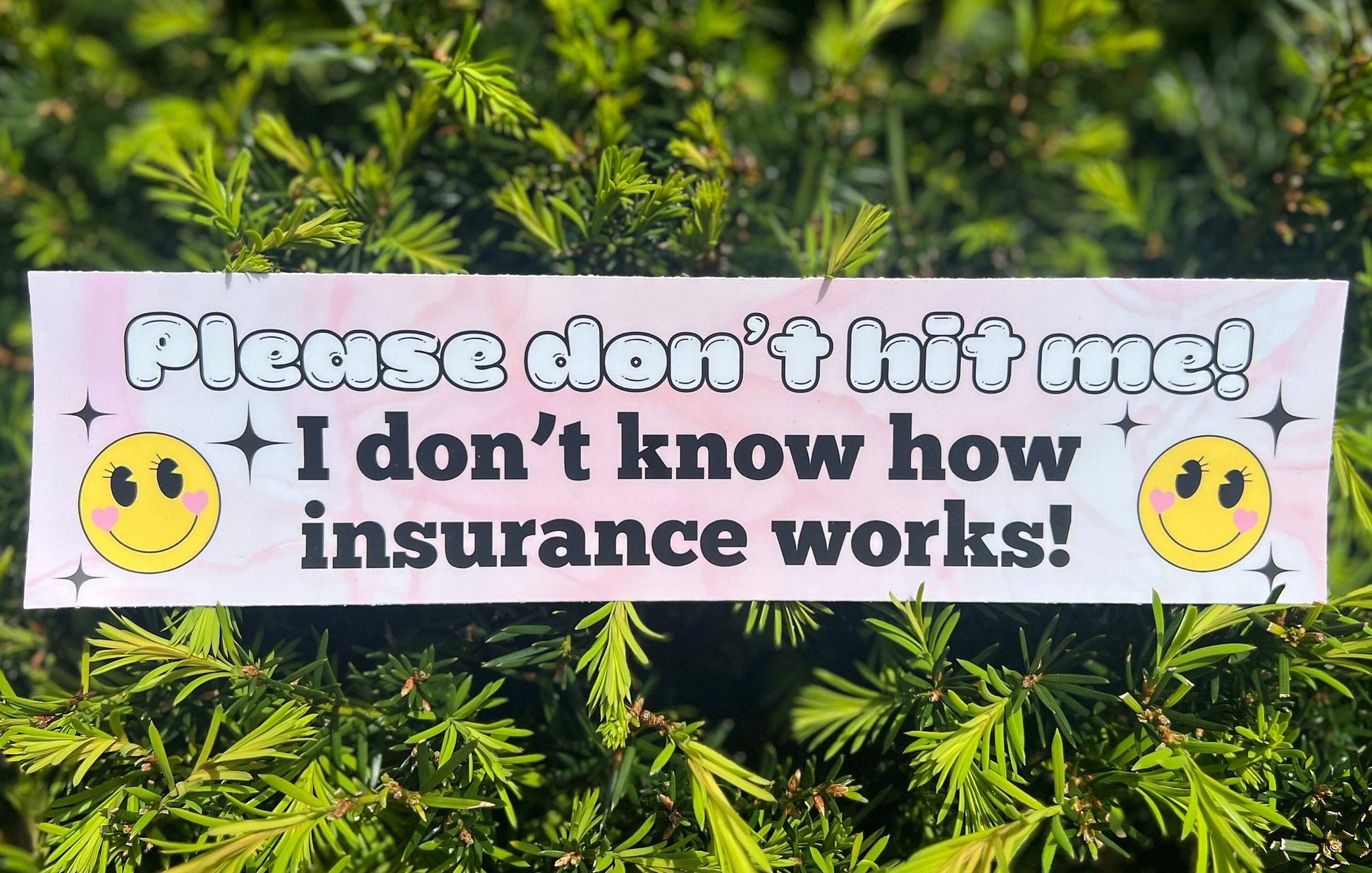 Please don't hit me! I don't know how insurance works! Funny Meme Bumper Sticker, Weatherproof, Gift For Her, Insurance Humor Girly Vibes