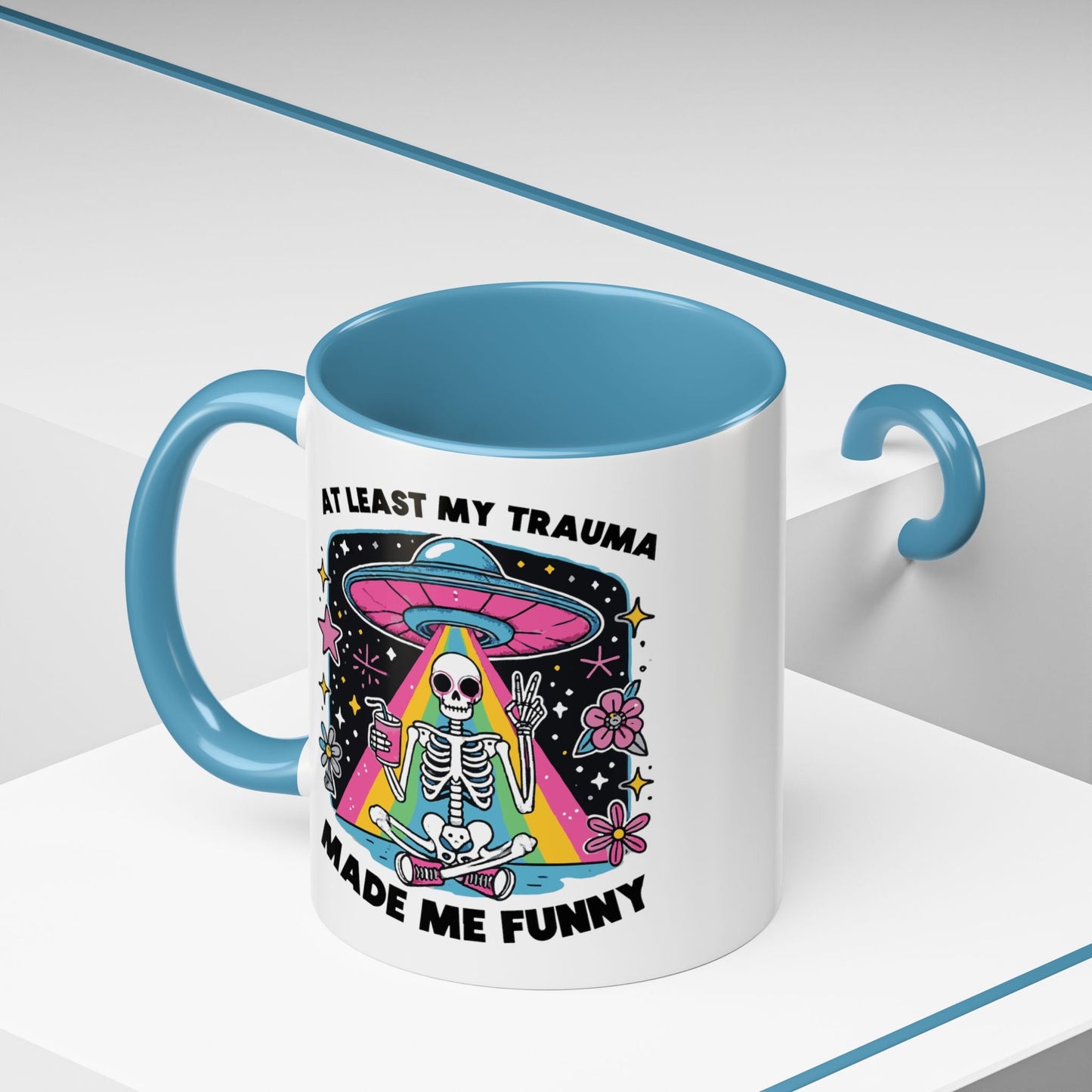 At Least My Trauma Made Me Funny Mug - Psychedelic Skeleton UFO Rainbow Beams - Available in 11oz, 15oz, 20oz Sizes