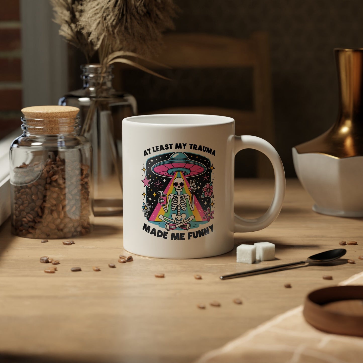 At Least My Trauma Made Me Funny Mug - Psychedelic Skeleton UFO Rainbow Beams - Available in 11oz, 15oz, 20oz Sizes