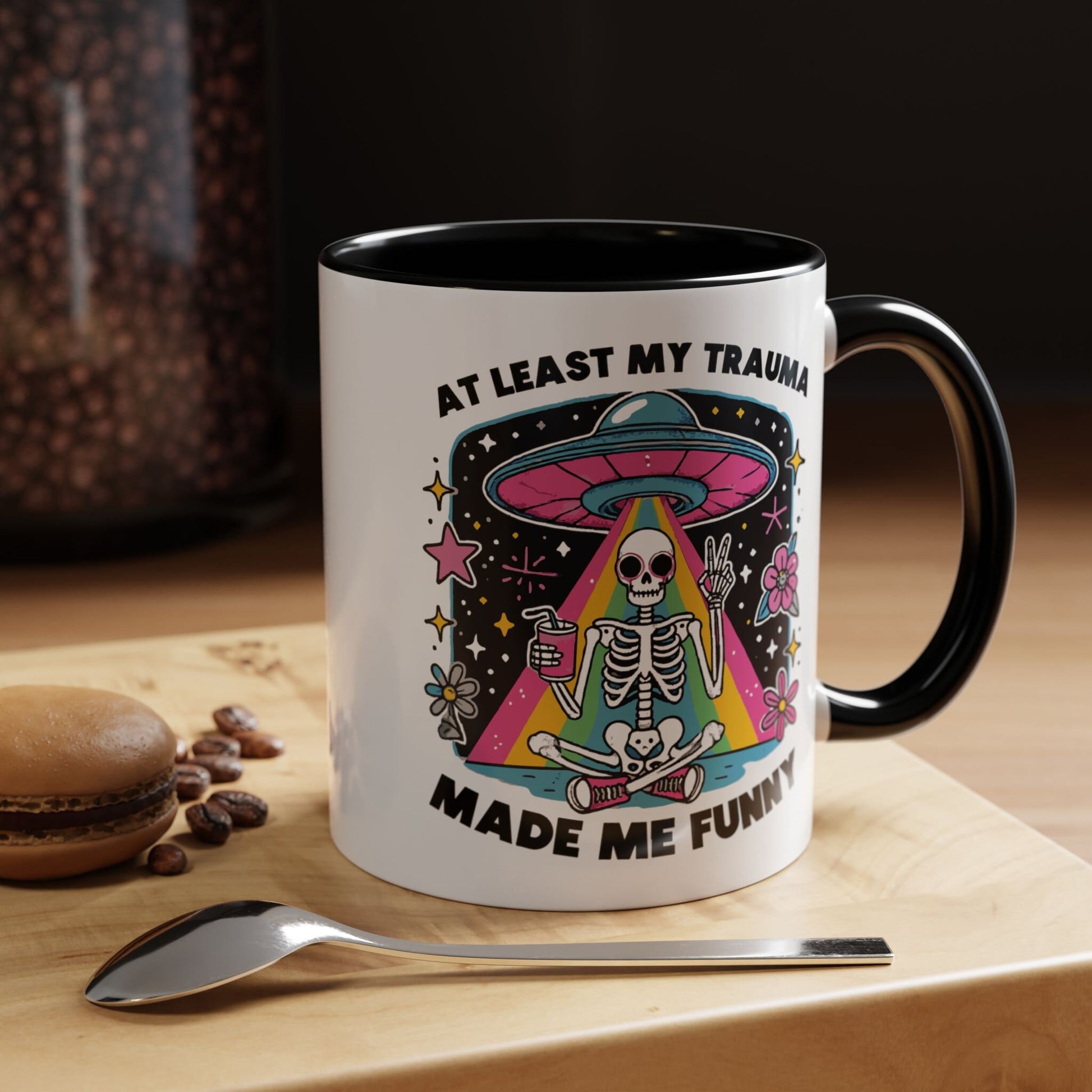 At Least My Trauma Made Me Funny Mug - Psychedelic Skeleton UFO Rainbow Beams - Available in 11oz, 15oz, 20oz Sizes