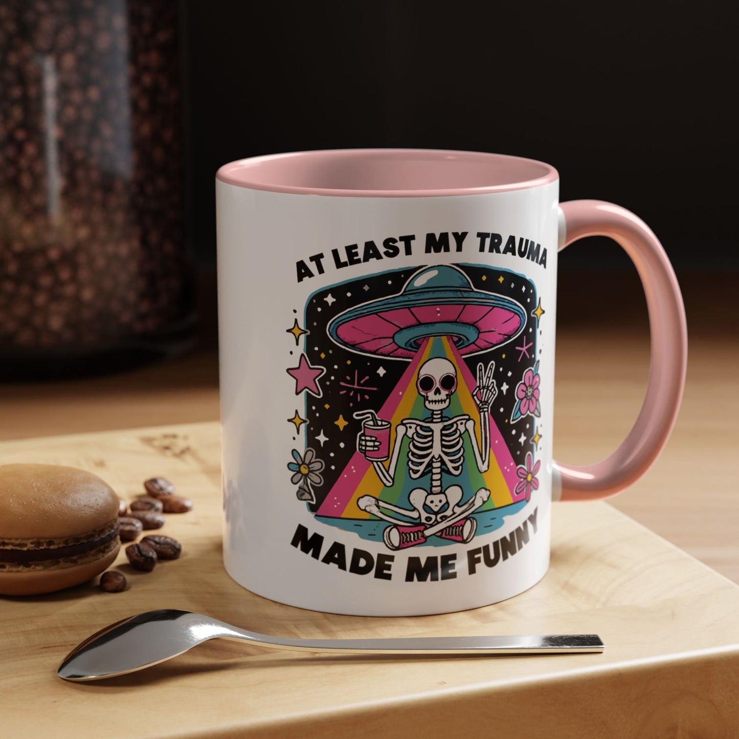 At Least My Trauma Made Me Funny Mug - Psychedelic Skeleton UFO Rainbow Beams - Available in 11oz, 15oz, 20oz Sizes