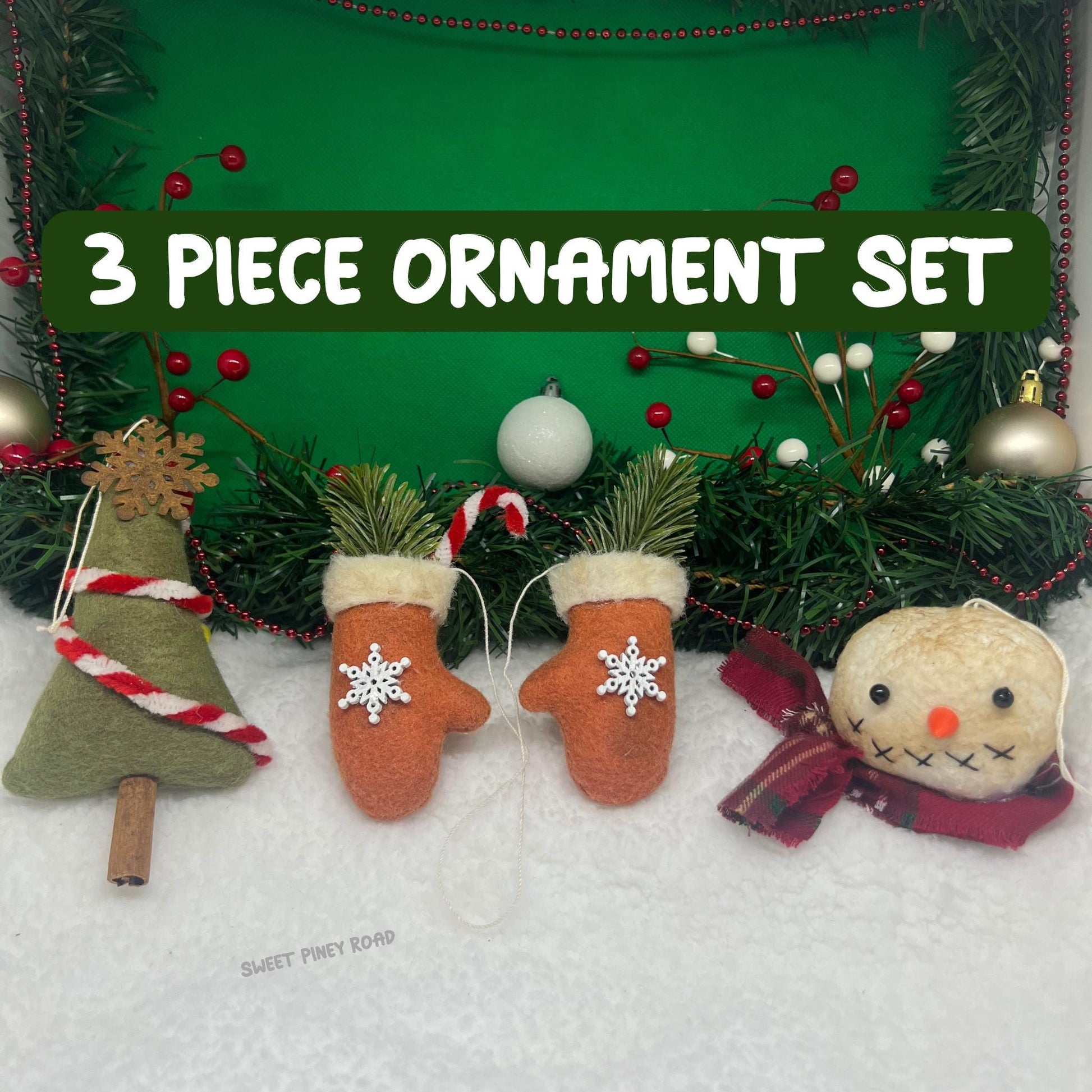 Rustic Primitive Snowman Ornament Set, Vintage Christmas Decor, Handmade Winter Mittens Tree Ornaments, Farmhouse Style Christmas Decoration