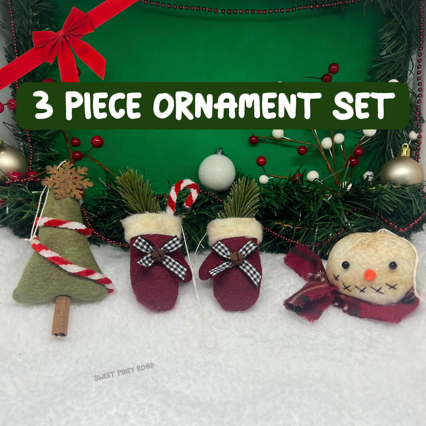 Rustic Primitive Snowman Ornament Set, Vintage Christmas Decor, Handmade Winter Mittens Tree Ornaments, Farmhouse Style Christmas Decoration