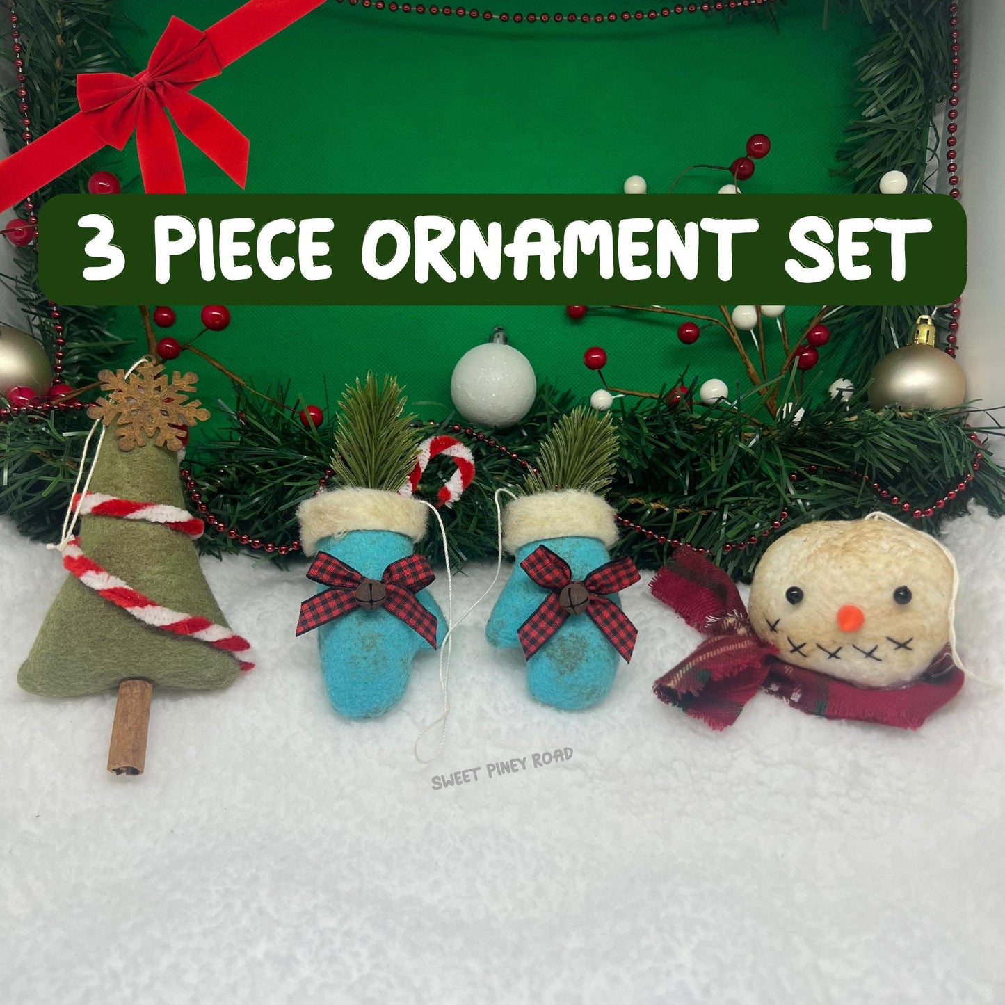 Rustic Primitive Snowman Ornament Set, Vintage Christmas Decor, Handmade Winter Mittens Tree Ornaments, Farmhouse Style Christmas Decoration