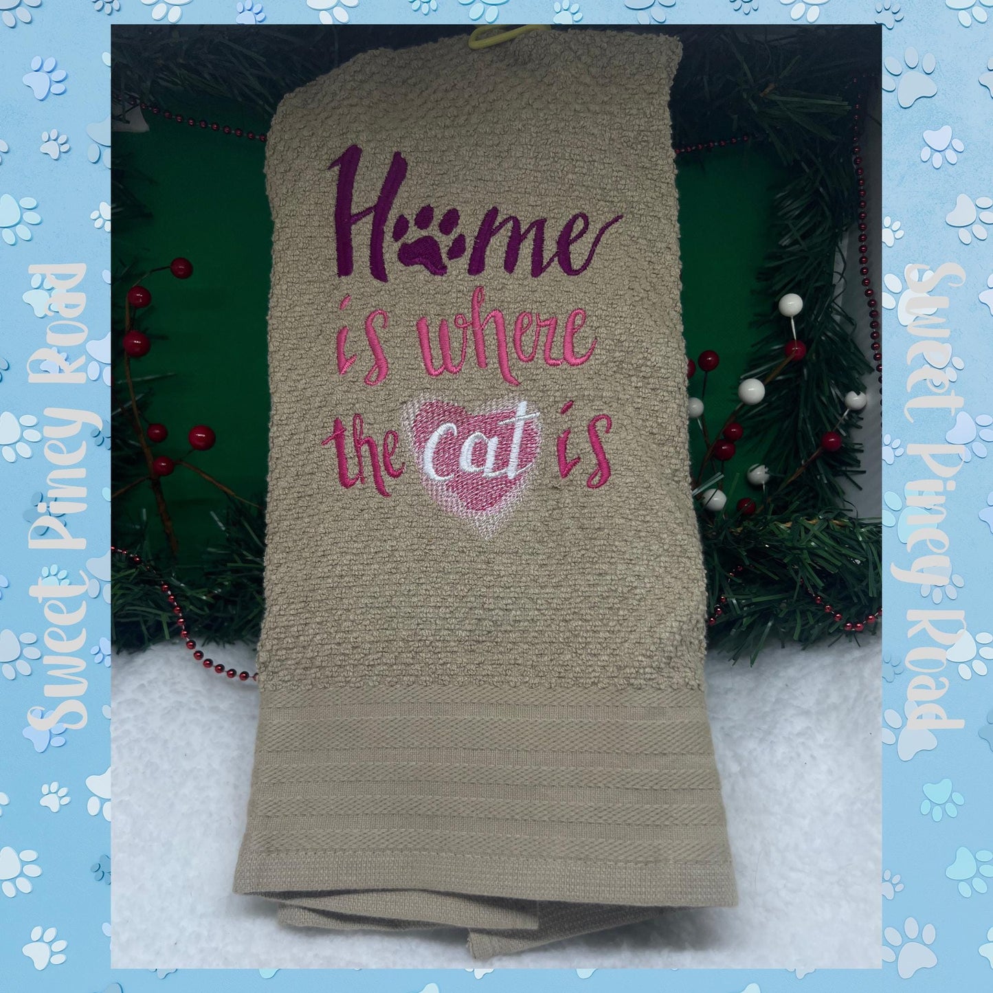 Home Is Where My Cat Or Dog Is, Embroidered Hand Towel, Dog Cat Animal Lover Gift, Unique Handmade, Kitchen Decor, Holiday Christmas