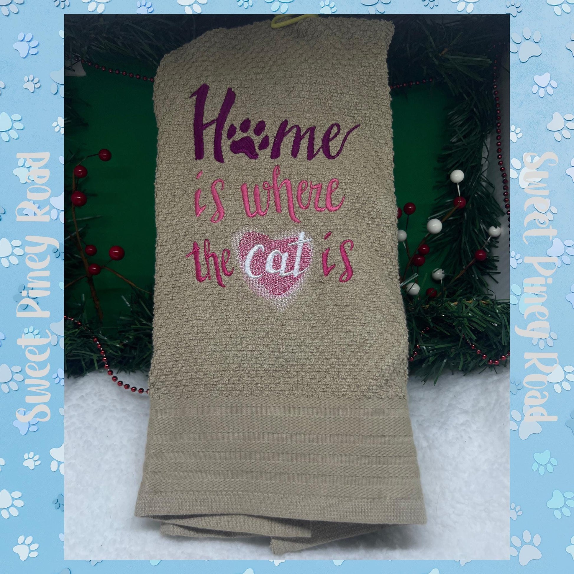 Home Is Where My Cat Or Dog Is, Embroidered Hand Towel, Dog Cat Animal Lover Gift, Unique Handmade, Kitchen Decor, Holiday Christmas