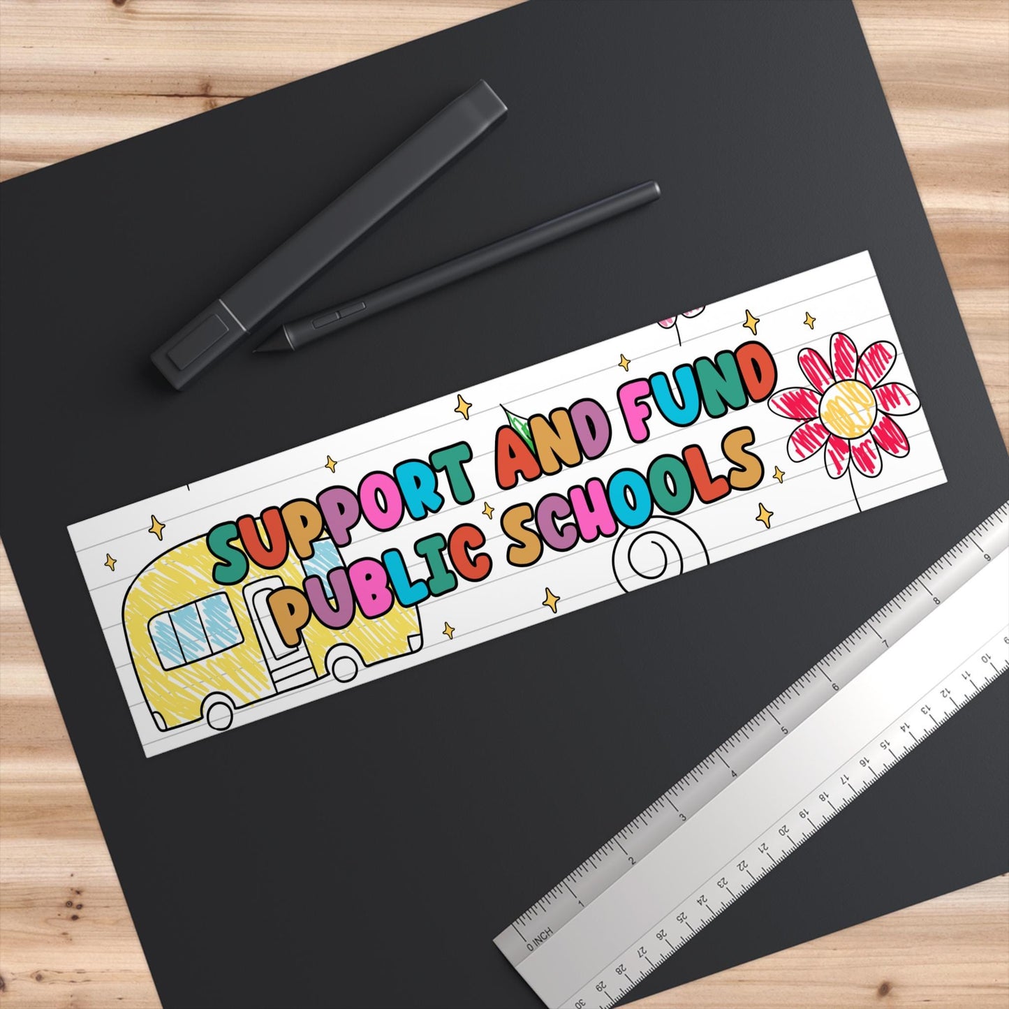 Support And Fund Public Schools, Teacher Car Magnet or Bumper Sticker, Protect Public Education, Teacher Gift, School Bus Child Drawing