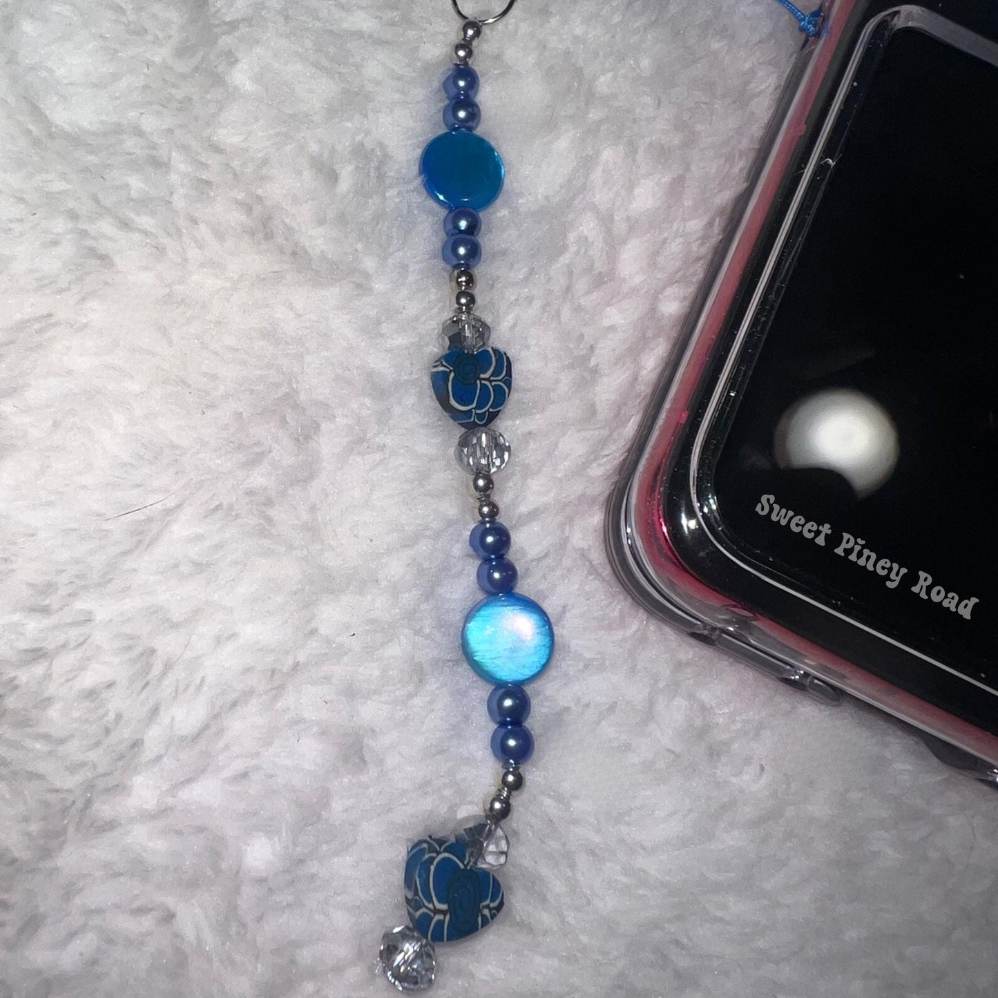 Blue Heart Beaded Phone Charm, Cellphone Accessory, Cute Girly Aesthetic, Accessories, Gift For Her Mom Friend, Personalized Retro Design