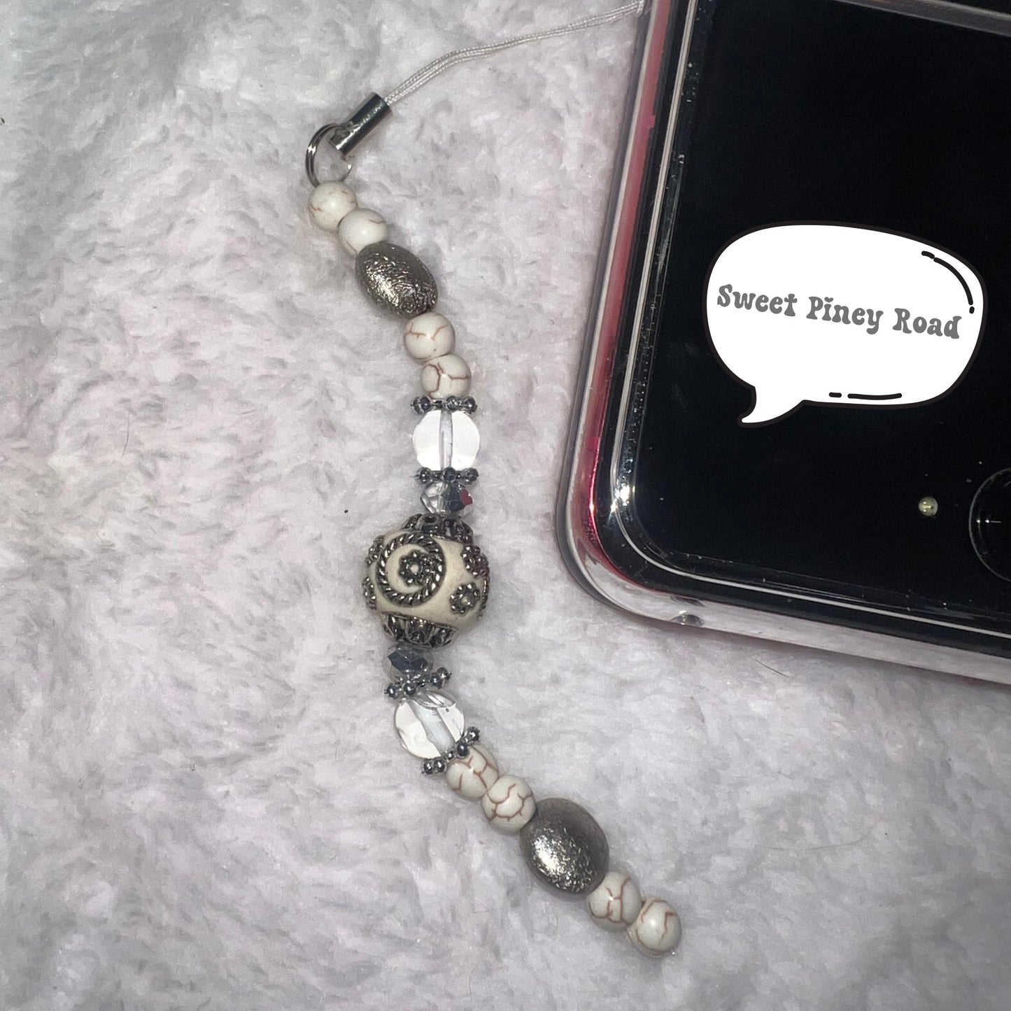 Antique White Beaded Phone Charm, Cellphone Accessory, Cute Girly Aesthetic, Accessories, Gift For Her Mom Friend, 2000s Classy Silver Vibes
