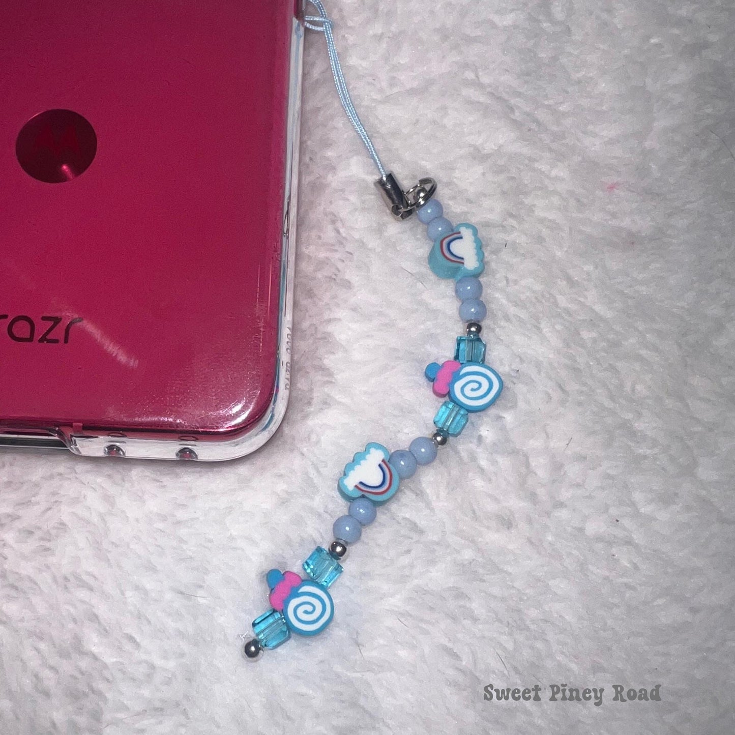 Blue Candy Rainbow Beaded Phone Charm, Cellphone Accessory, Cute Girly Aesthetic, Accessories, Gift For Her Mom Friend, 2000s Y2k Vibes
