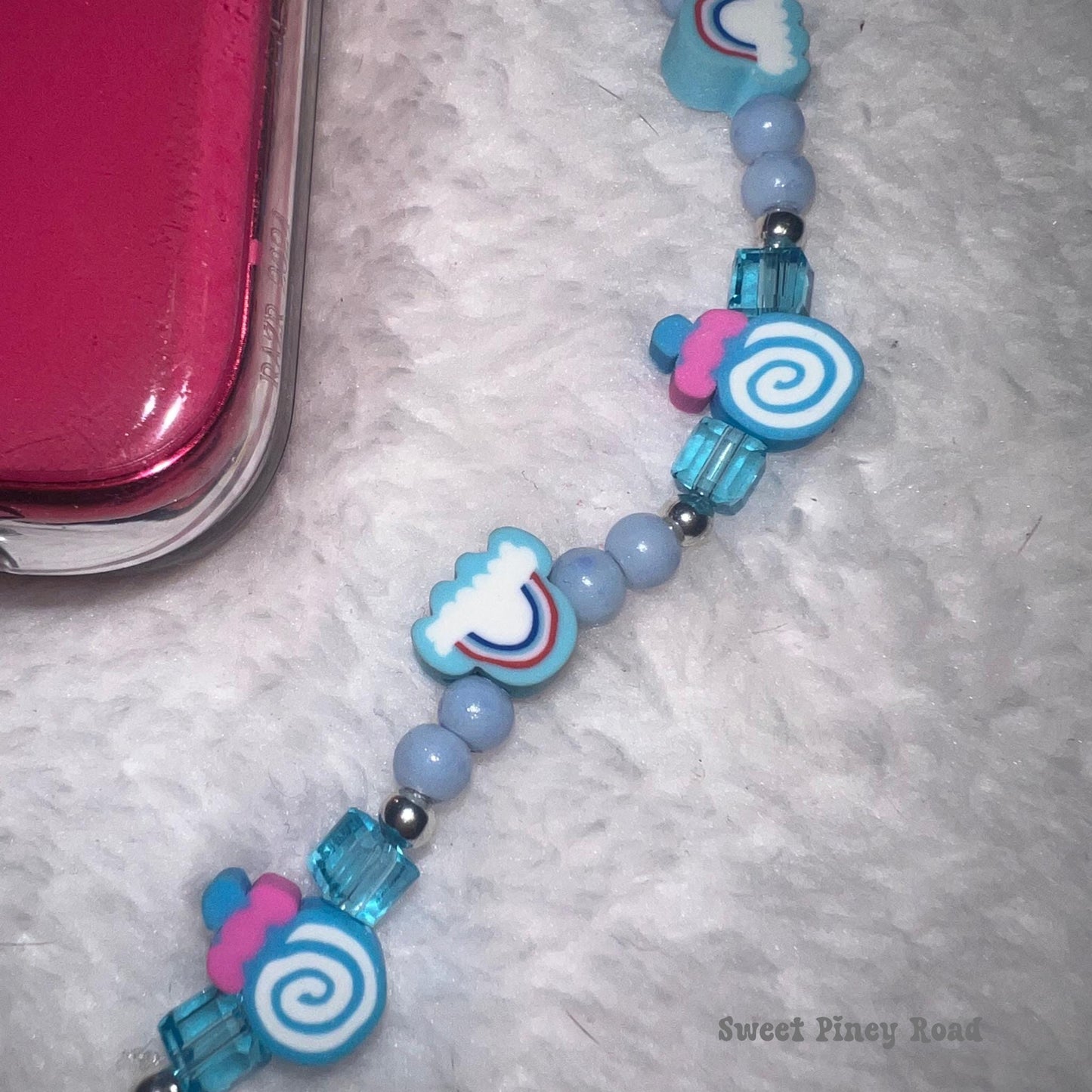 Blue Candy Rainbow Beaded Phone Charm, Cellphone Accessory, Cute Girly Aesthetic, Accessories, Gift For Her Mom Friend, 2000s Y2k Vibes
