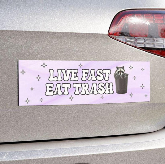 Live Fast Eat Trash Funny Raccoon Car Magnet or Bumper Sticker, Sarcastic Meme Decal for Hydroflask Water Bottle, Cute Feral Animal