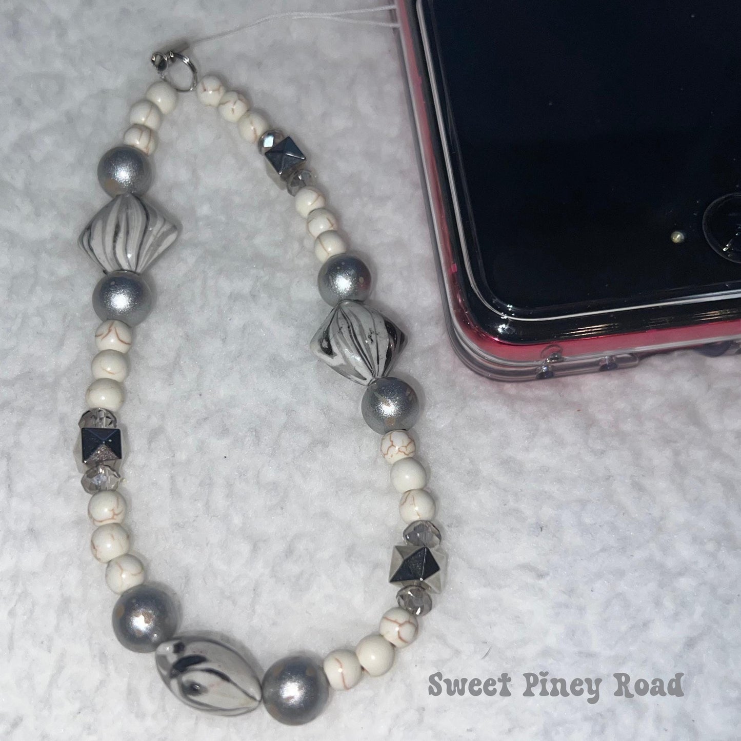 Marble Silver Beaded Phone Charm Strap, Chain Cellphone Strap Lanyard, Cute Kawaii Wristlet Accessory, Girly Accessory, Gift For Her Y2k
