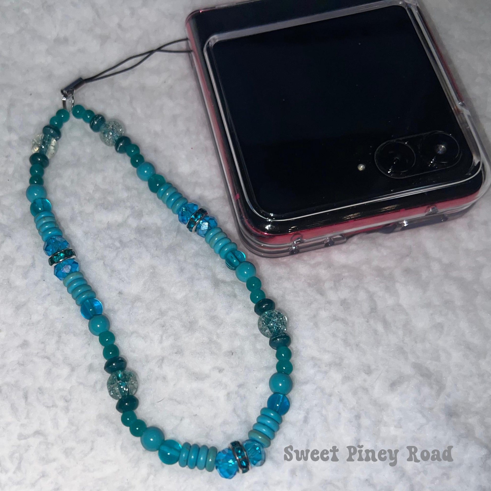 Teal Blue Beaded Phone Charm Strap, Chain Cellphone Strap Lanyard, Cute Kawaii Wristlet Accessory, Girly Accessory, Gift For Her, 2000s Y2k