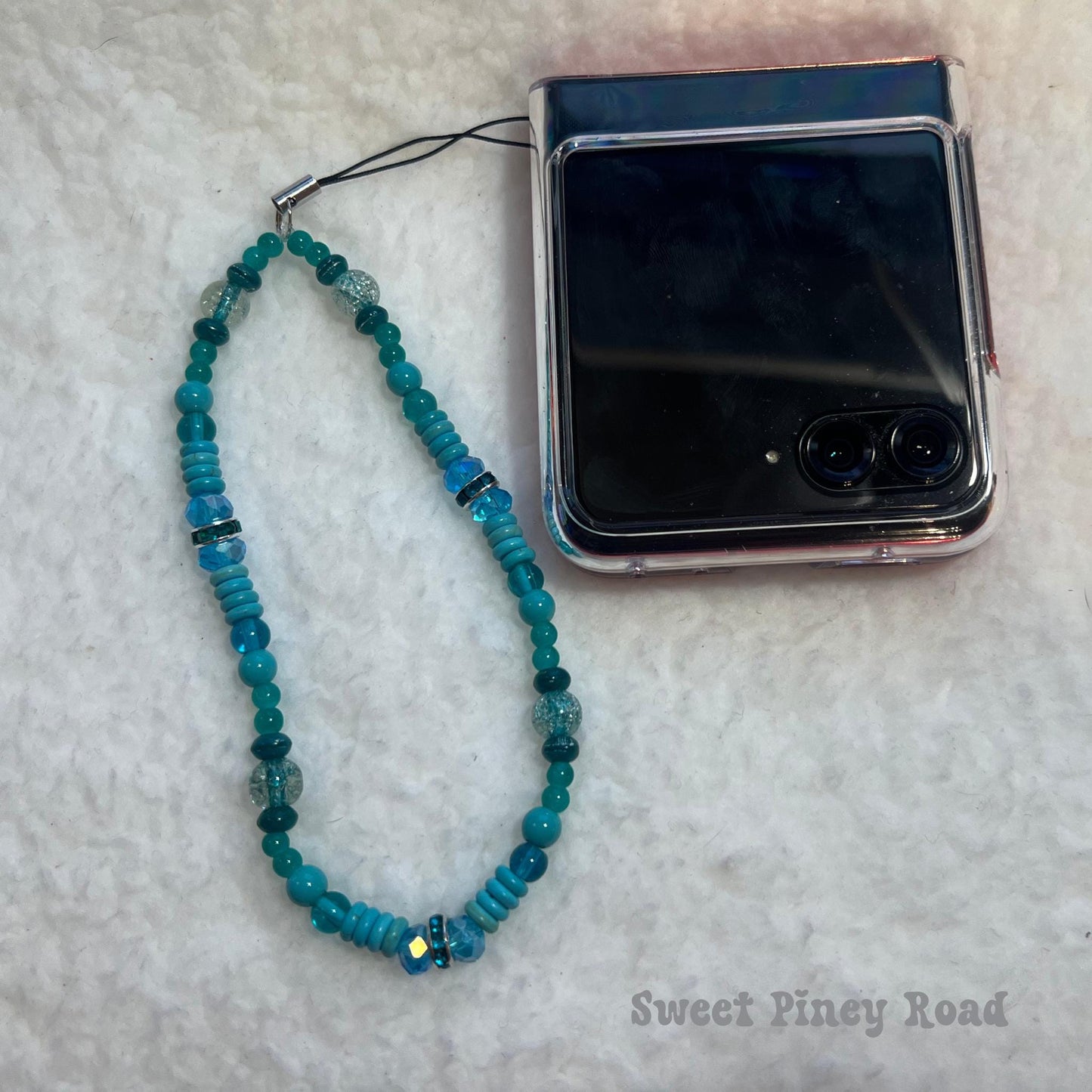Teal Blue Beaded Phone Charm Strap, Chain Cellphone Strap Lanyard, Cute Kawaii Wristlet Accessory, Girly Accessory, Gift For Her, 2000s Y2k