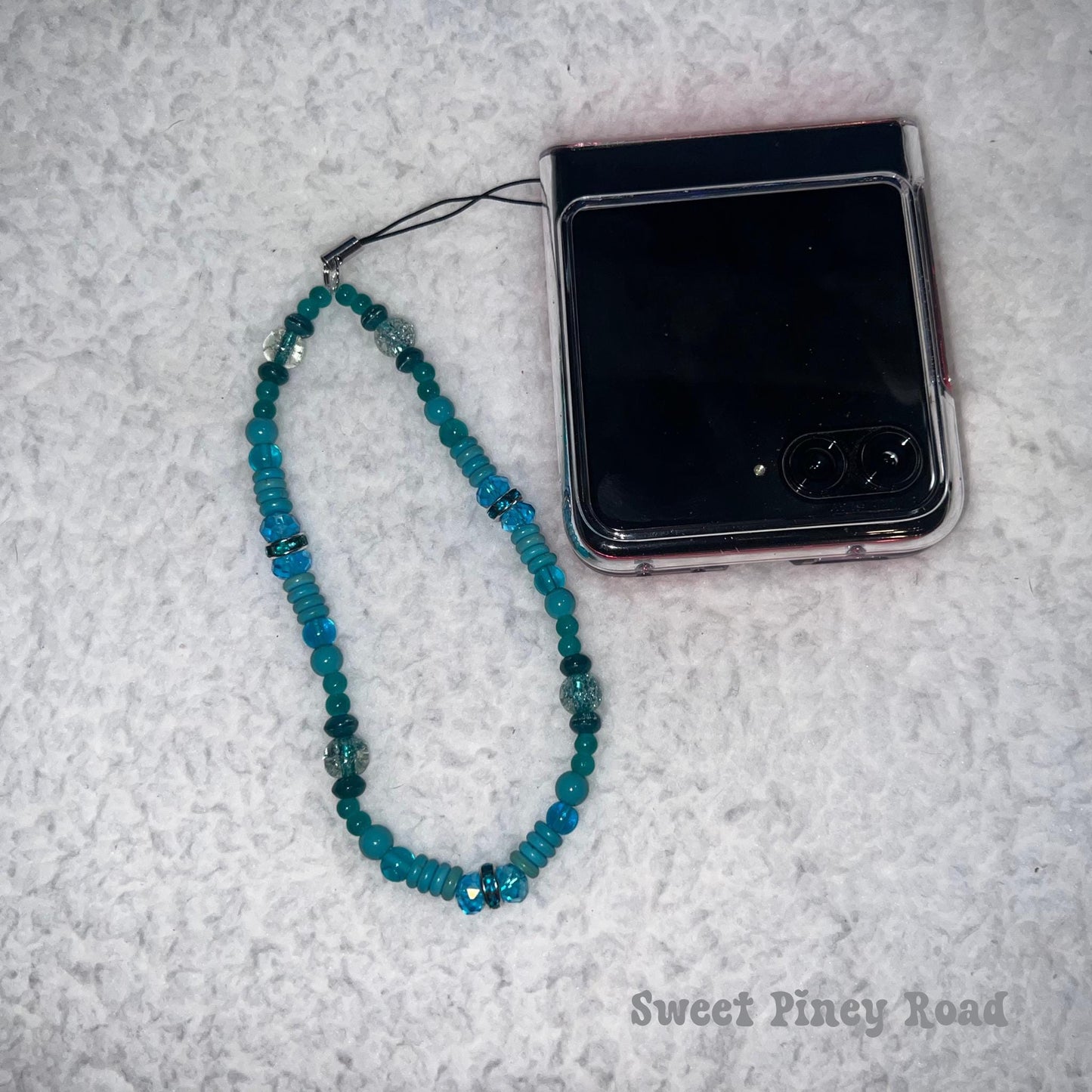 Teal Blue Beaded Phone Charm Strap, Chain Cellphone Strap Lanyard, Cute Kawaii Wristlet Accessory, Girly Accessory, Gift For Her, 2000s Y2k