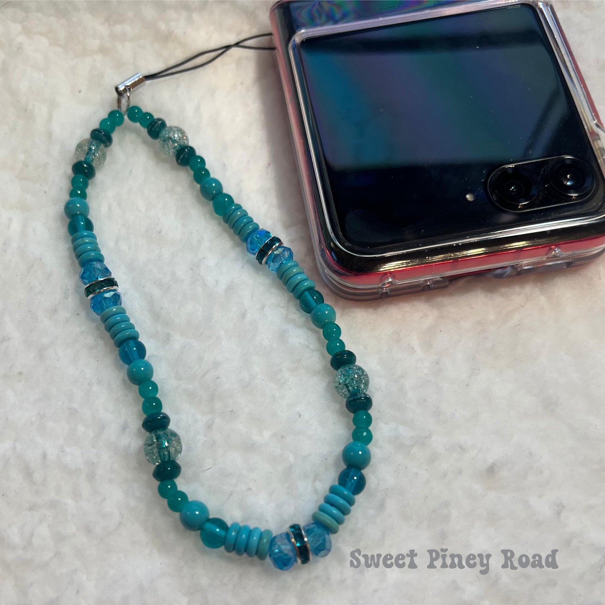 Teal Blue Beaded Phone Charm Strap, Chain Cellphone Strap Lanyard, Cute Kawaii Wristlet Accessory, Girly Accessory, Gift For Her, 2000s Y2k