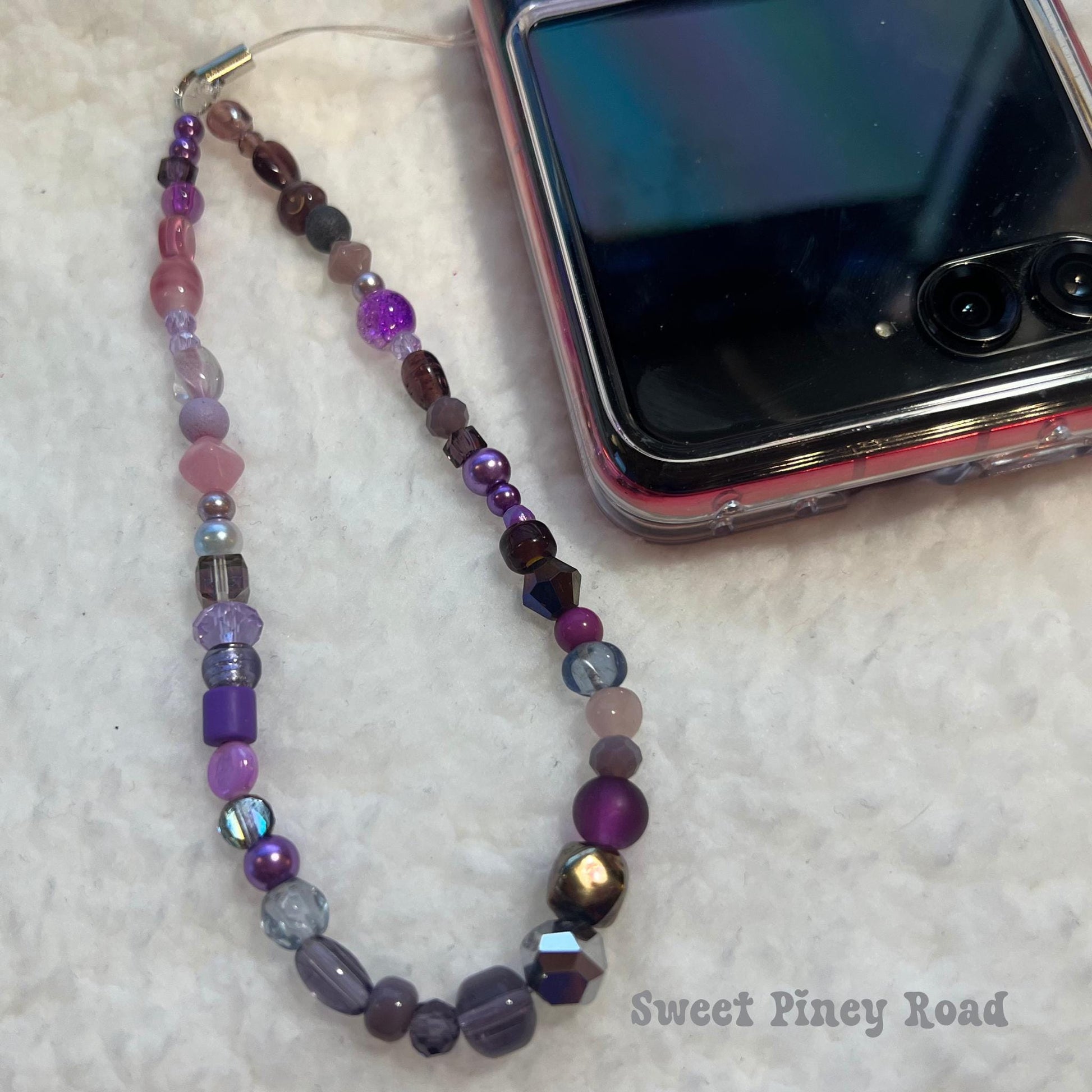 Purple Colorful Beaded Phone Charm Strap, Chain Cellphone Strap Lanyard, Cute Kawaii Wristlet Accessory, Girly Gift For Her Y2k 2000s Vibes