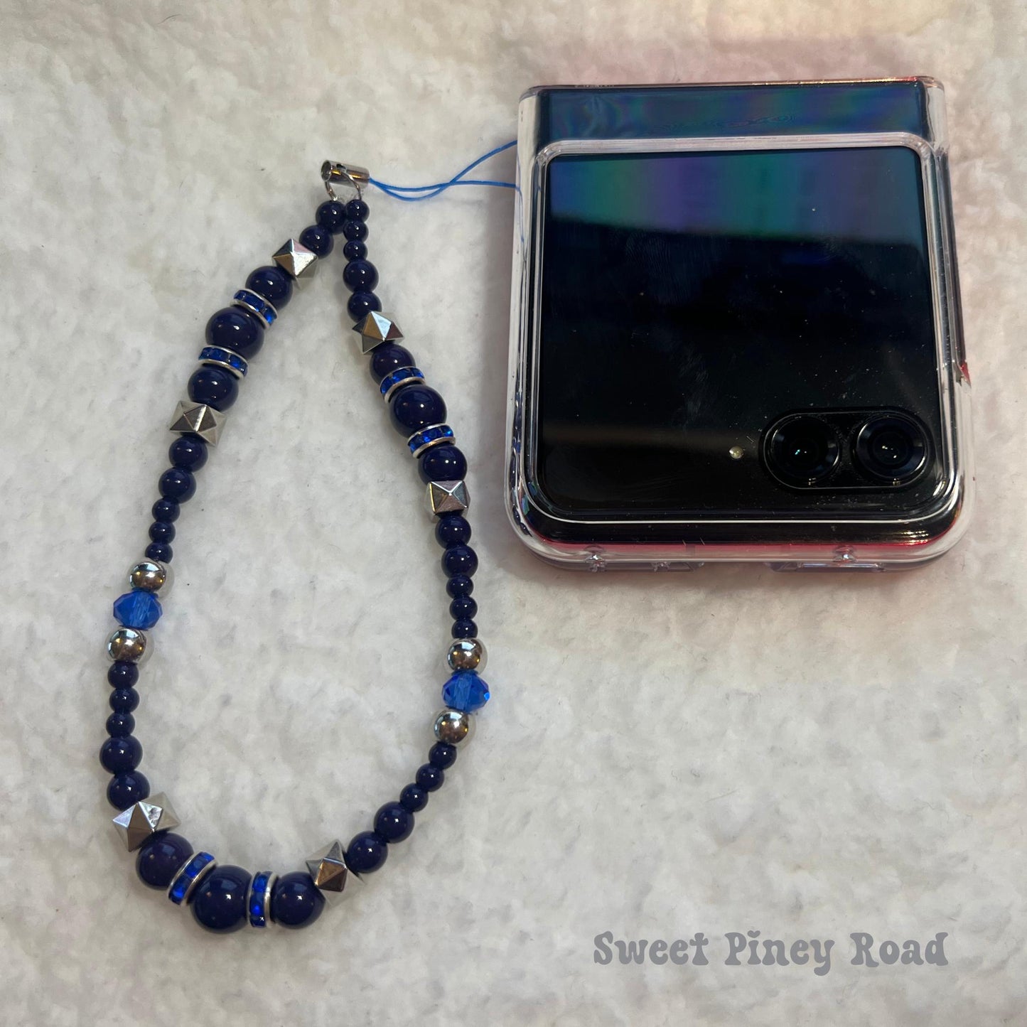 Dark Blue Beaded Phone Charm Strap, Chain Cellphone Strap Lanyard, Cute Kawaii Wristlet Accessory, Girly Accessory, Gift For Her, 2000s Y2k