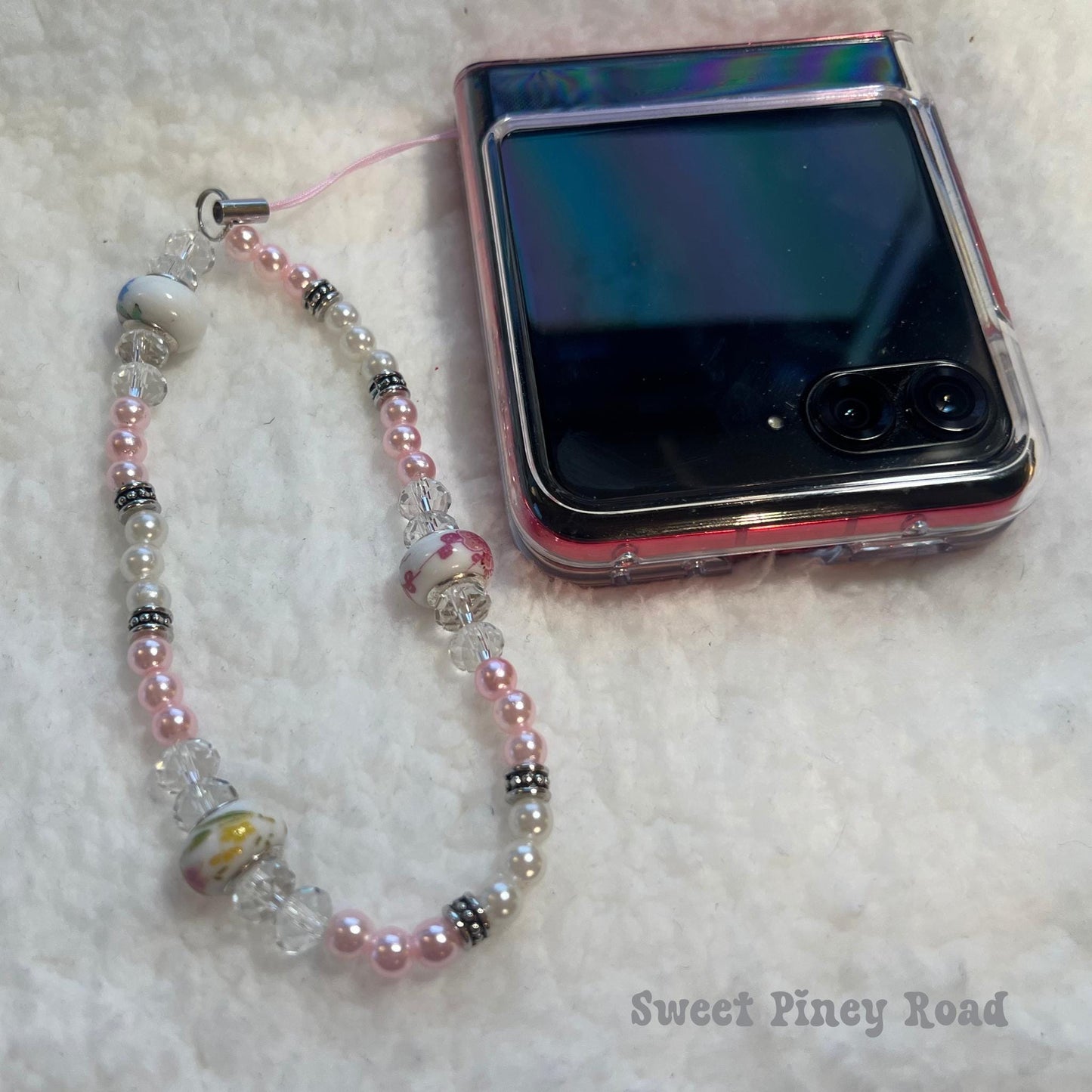 Pink Pearl Beaded Phone Charm Strap, Chain Cellphone Strap Lanyard, Cute Kawaii Wristlet Accessory, Coquette Girly Accessory, Gift Her Y2k