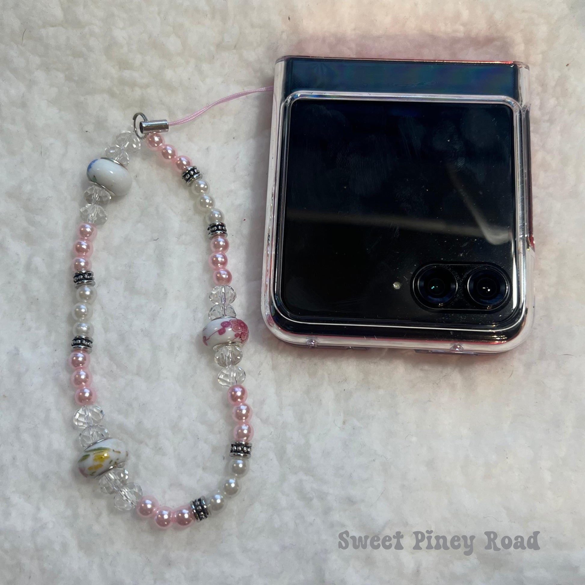 Pink Pearl Beaded Phone Charm Strap, Chain Cellphone Strap Lanyard, Cute Kawaii Wristlet Accessory, Coquette Girly Accessory, Gift Her Y2k