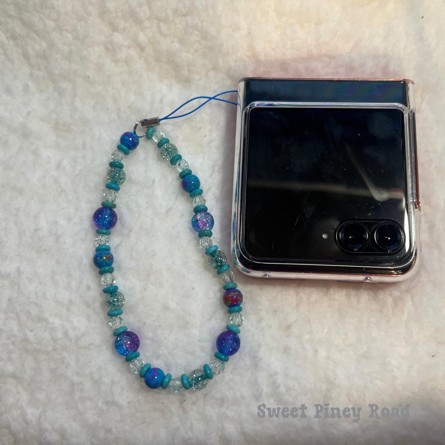 Teal Blue Beaded Phone Charm Strap, Chain Cellphone Strap Lanyard, Cute Kawaii Wristlet Accessory, Girly Accessory, Gift For Her, 2000s Y2k